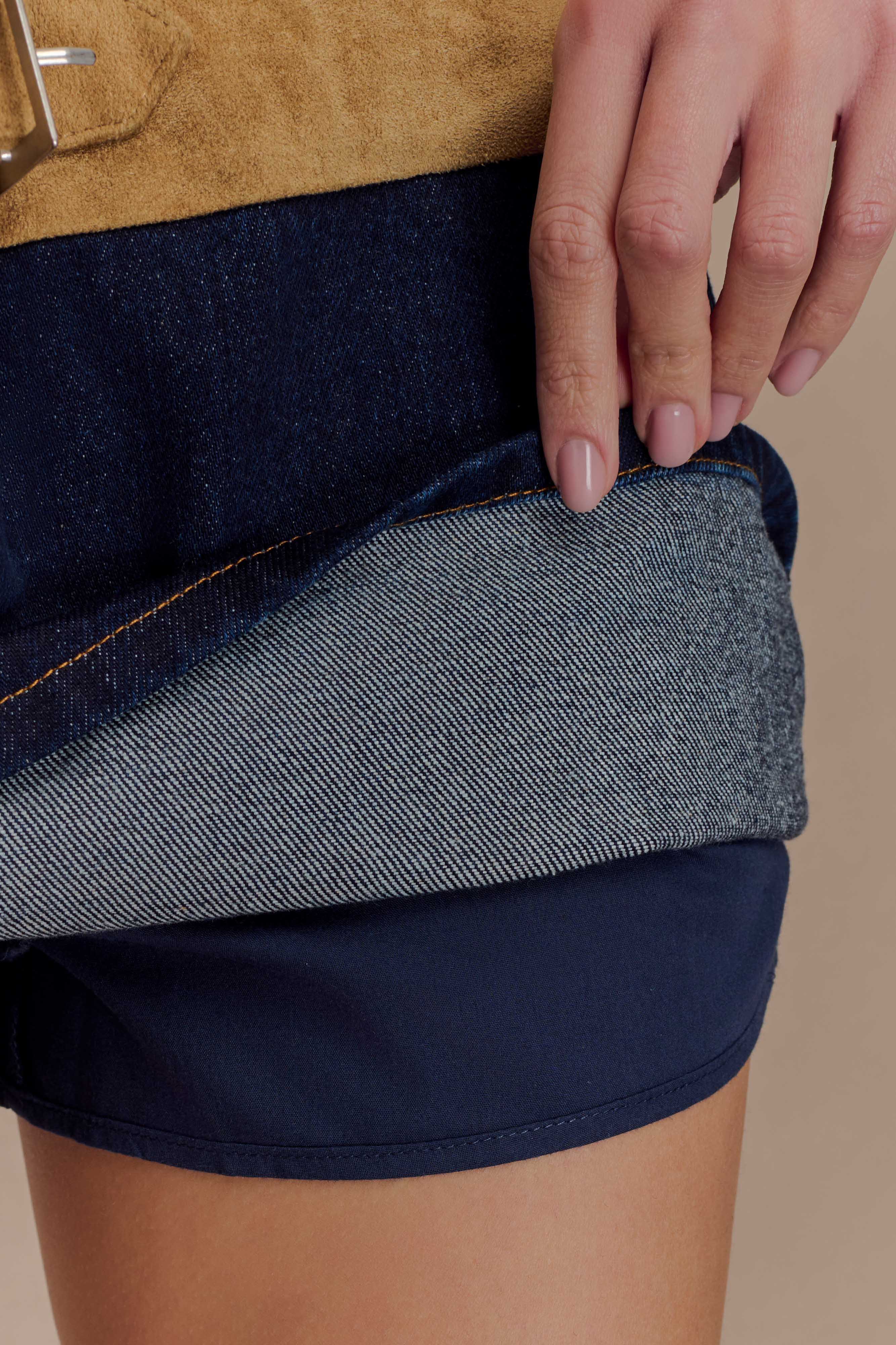 Miranda Faux Suede Belted Denim Mini Skirt Indigo Blue