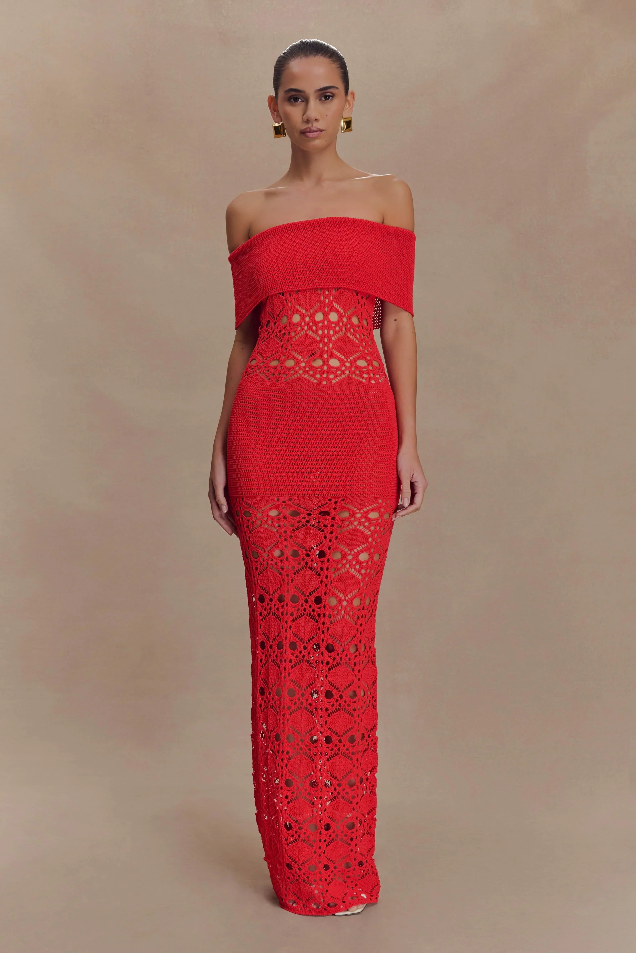 Solstice Off Shoulder Crochet Knit Maxi Dress Blood Orange