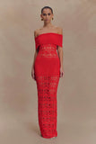 Solstice Off Shoulder Crochet Knit Maxi Dress Blood Orange