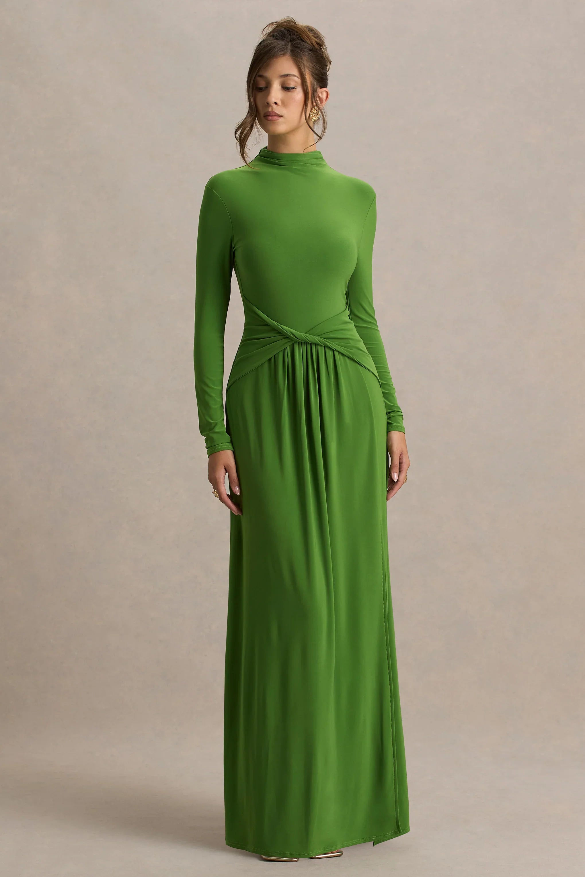 Hourglass Green Long Sleeve Twisted Maxi Dress With Split