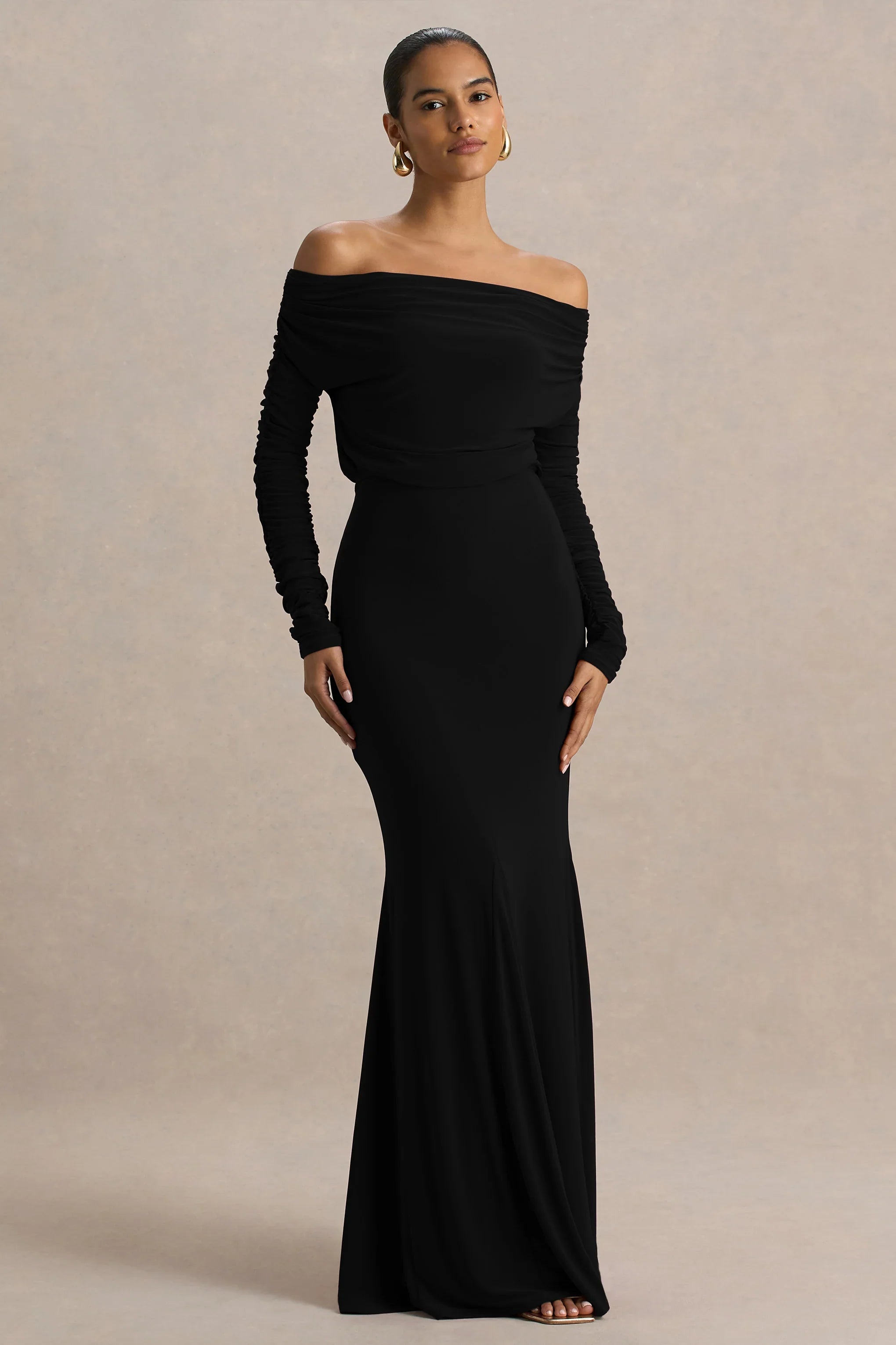 Cilla Black Bardot Neck Maxi Dress With Ruched Detailing