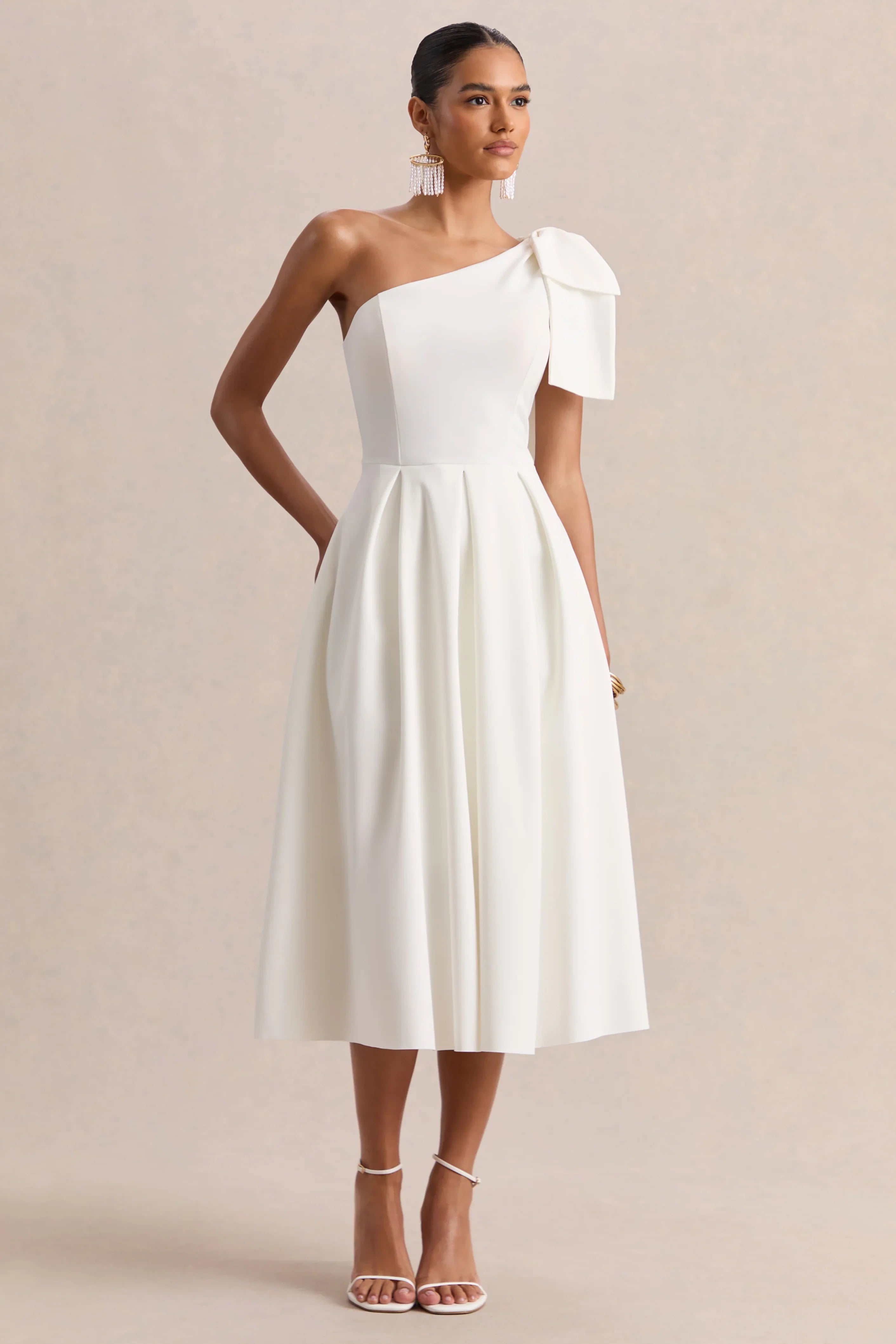 Meria White Asymmetric Neck Midi Dress With Bow Sleeve