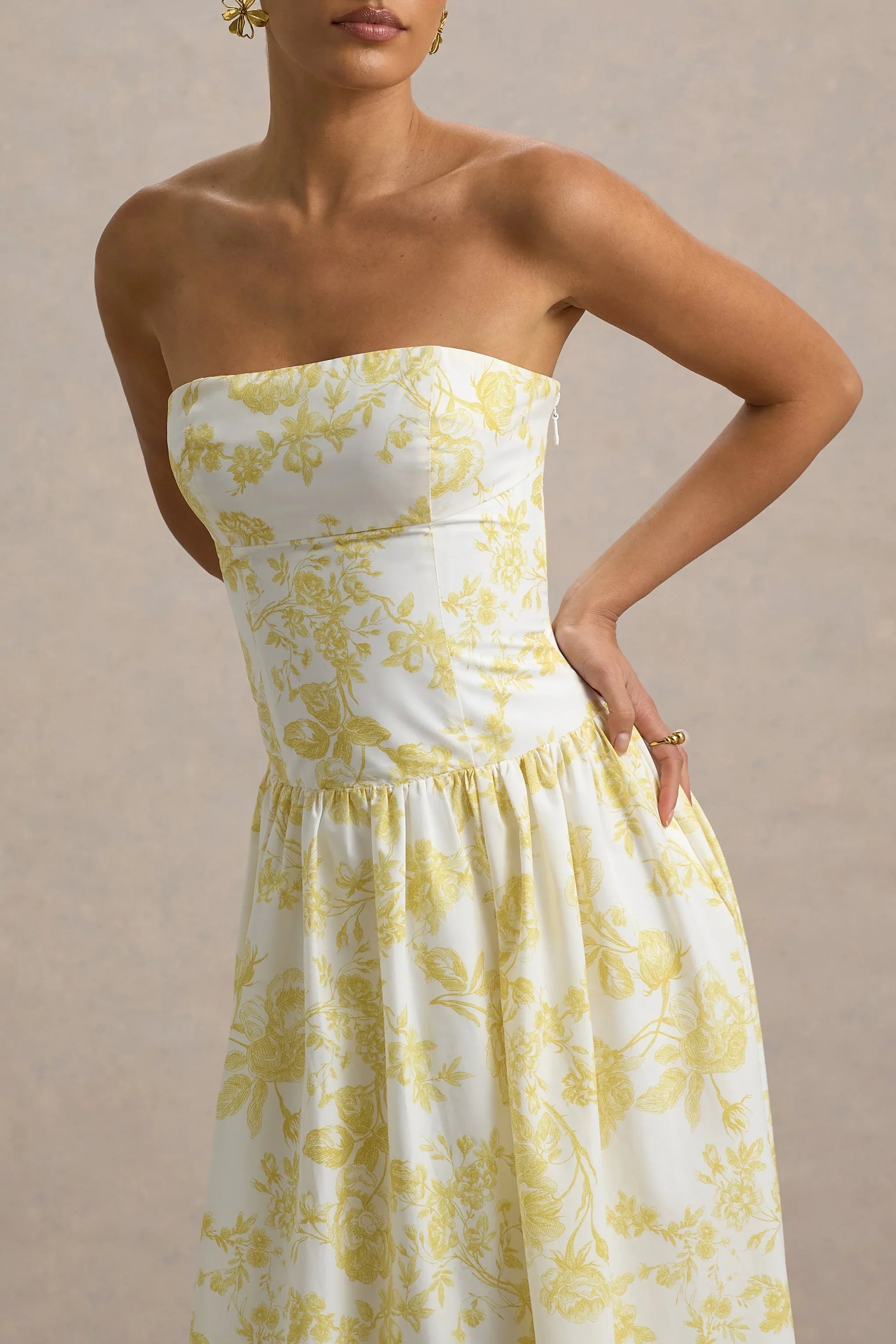 Bluebell Lemon Porcelain Print Poplin Bandeau Drop Waist Midi Dress
