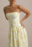 Bluebell Lemon Porcelain Print Poplin Bandeau Drop Waist Midi Dress