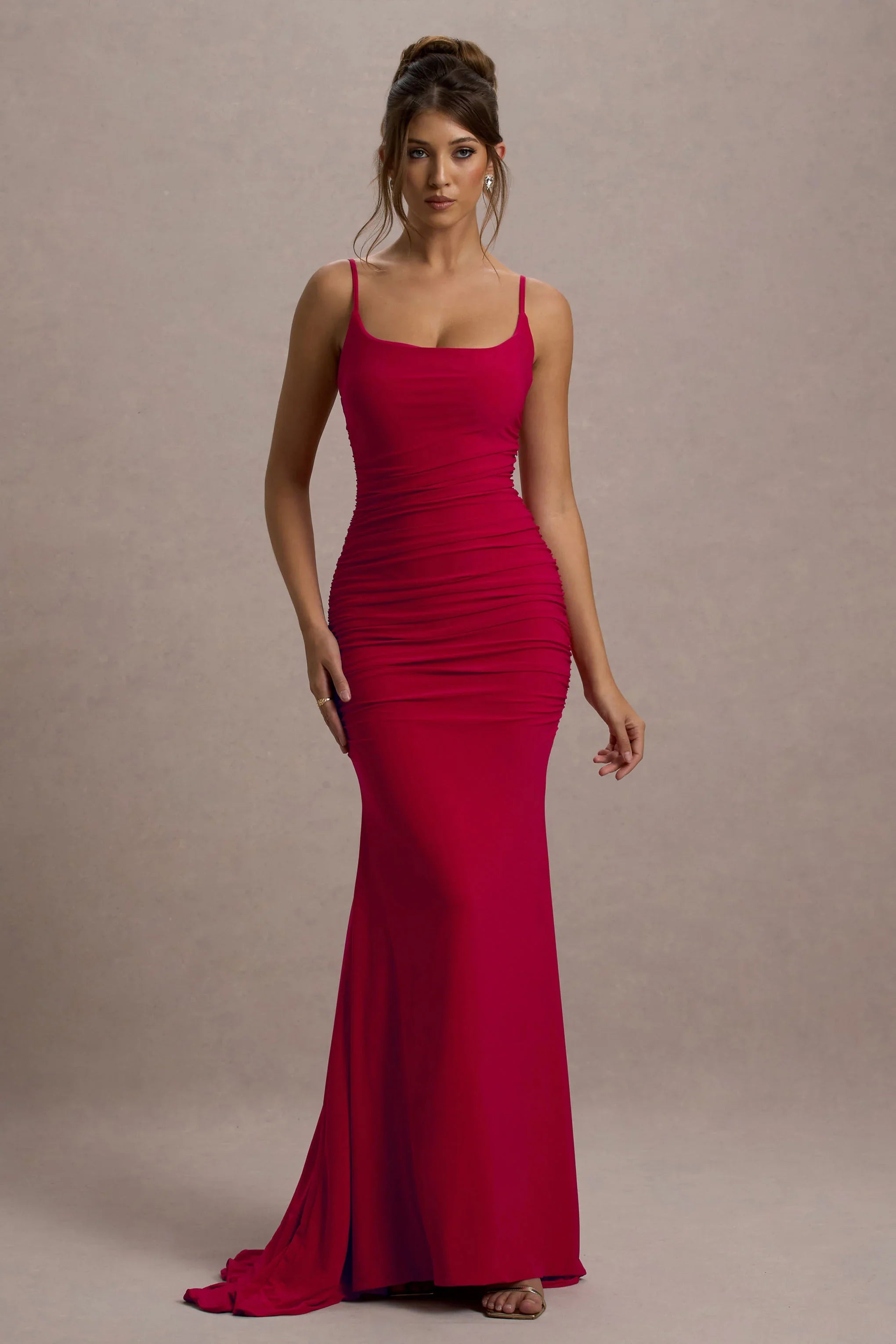 Adele Red Ruched Fishtail Cami Maxi Dress