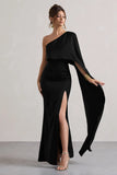 Amora Black Satin Asymmetric Cape Sleeve Split Maxi Dress