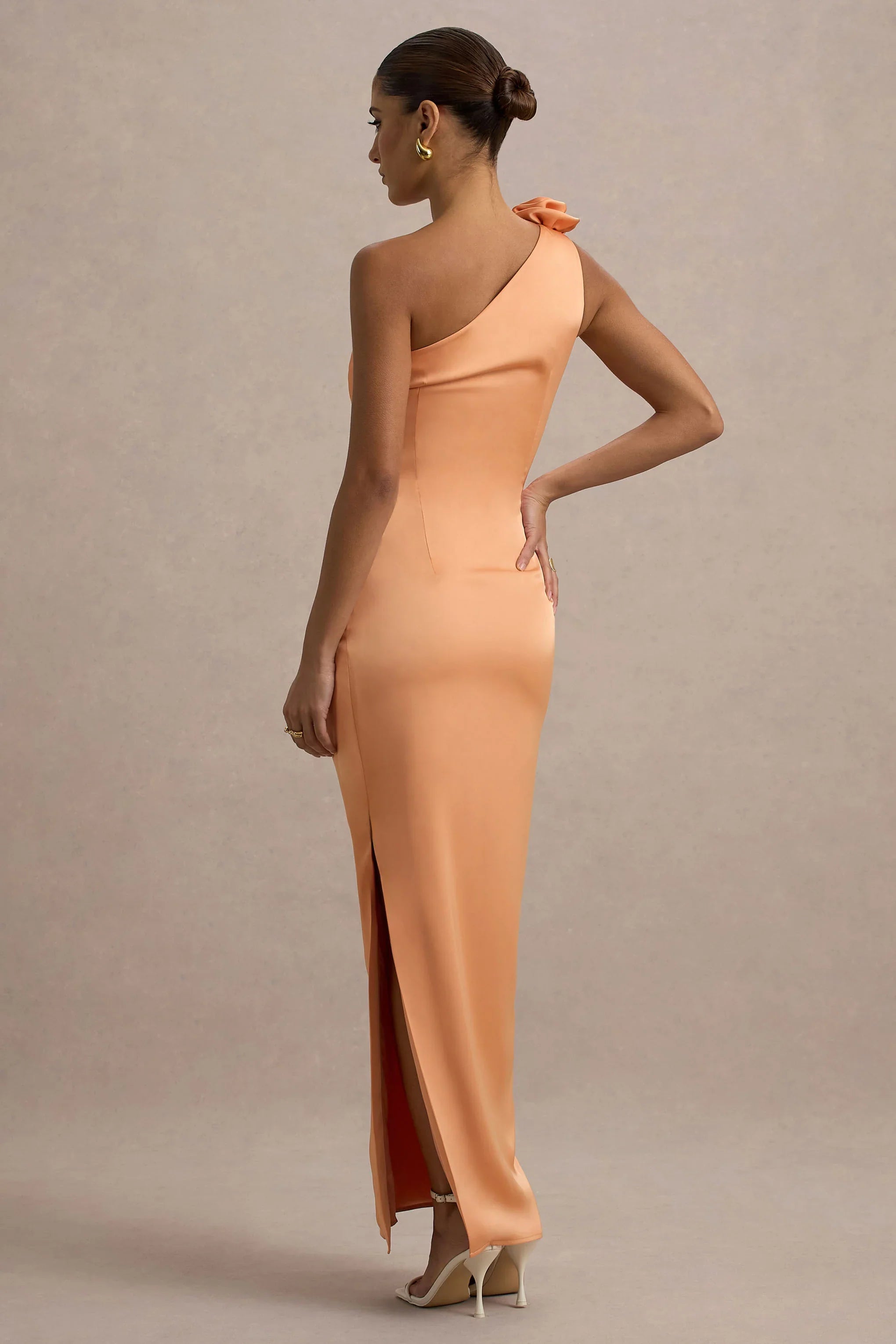 Janette Peach Satin One Shoulder Split Maxi Dress With Corsage