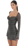 Foil Twist Long Sleeve Dress in Black and Silver