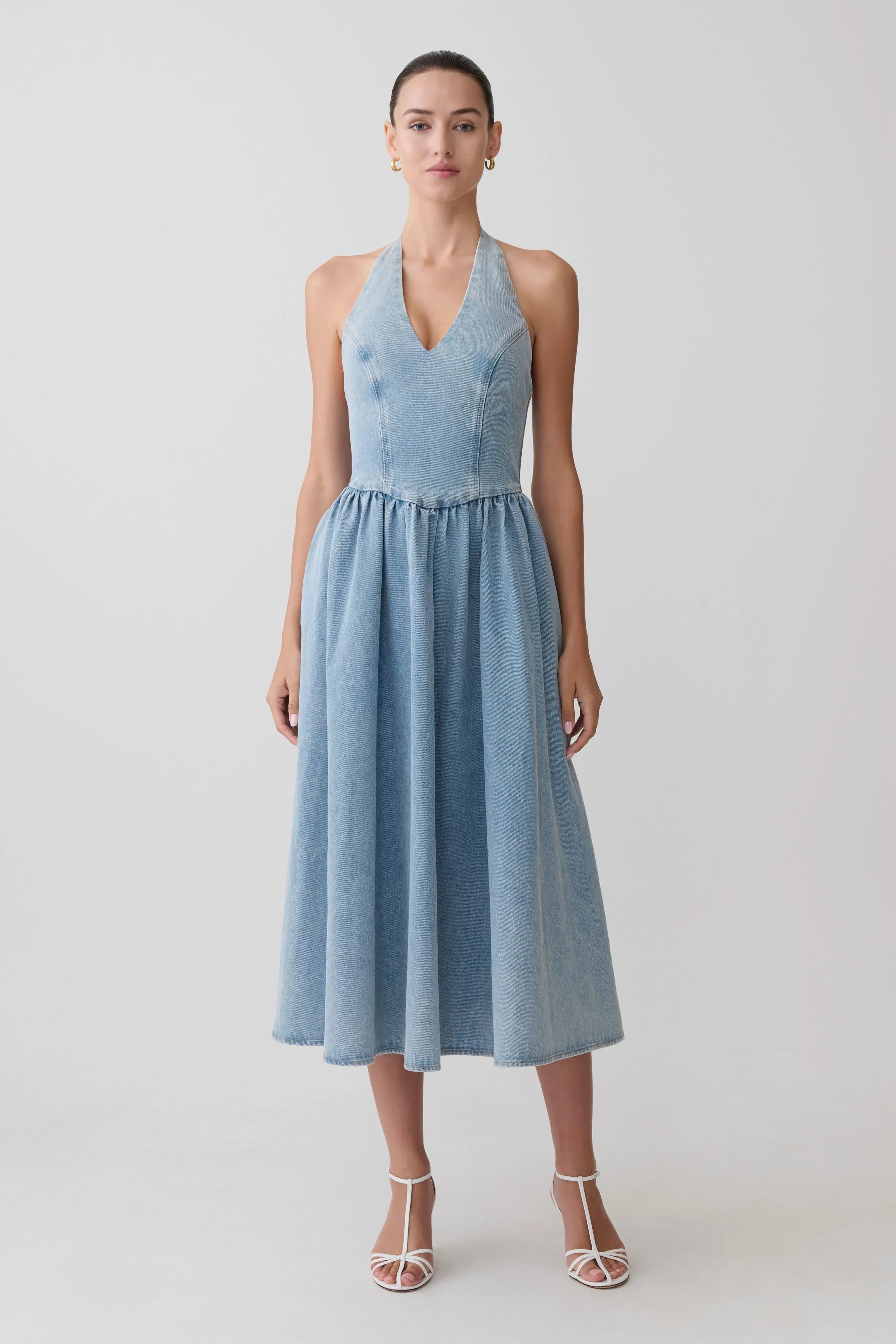 Miller Denim Halter Midi Dress Classic Blue
