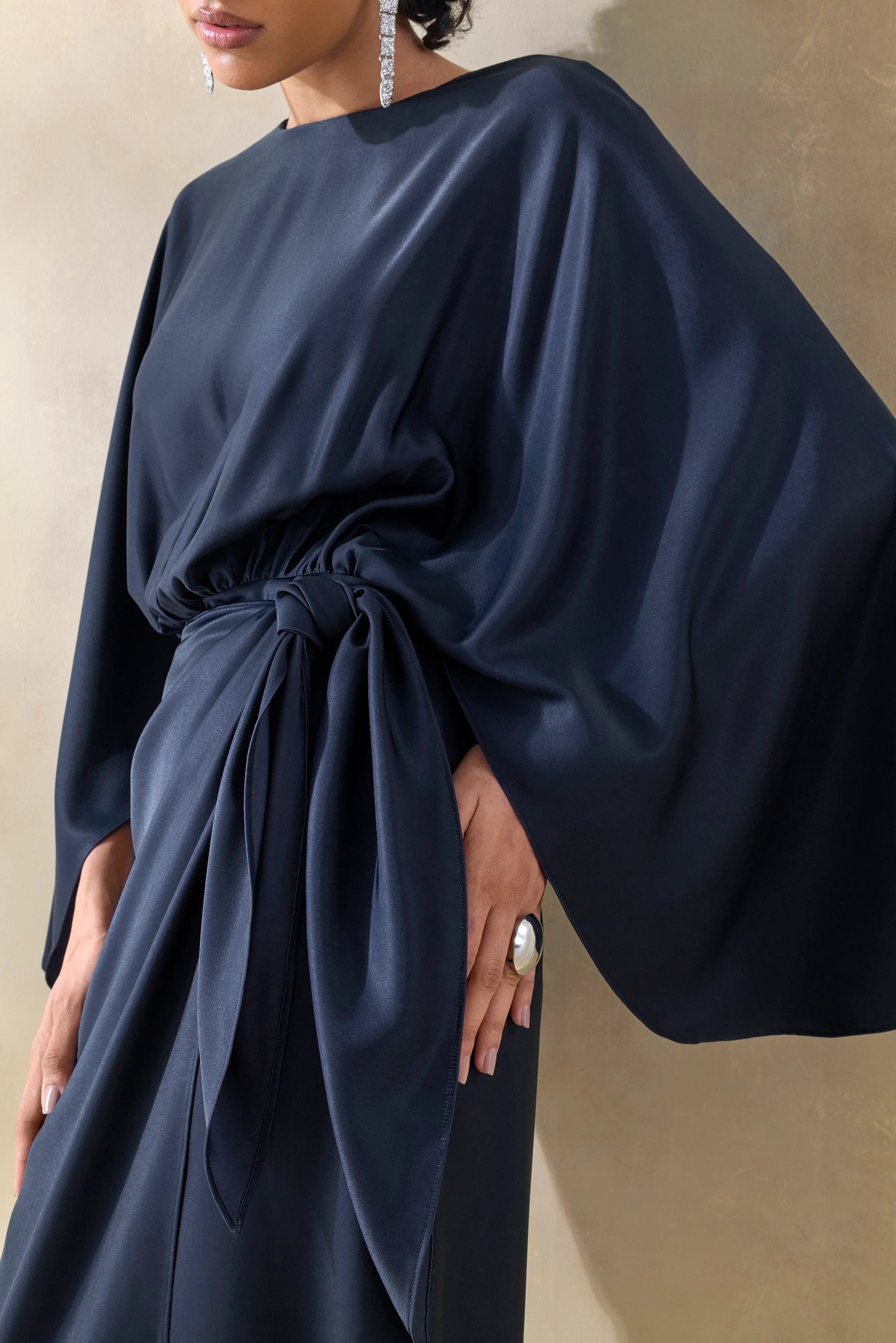 Delphina Navy Satin Maxi Dress With Gathered And Knot Detail
