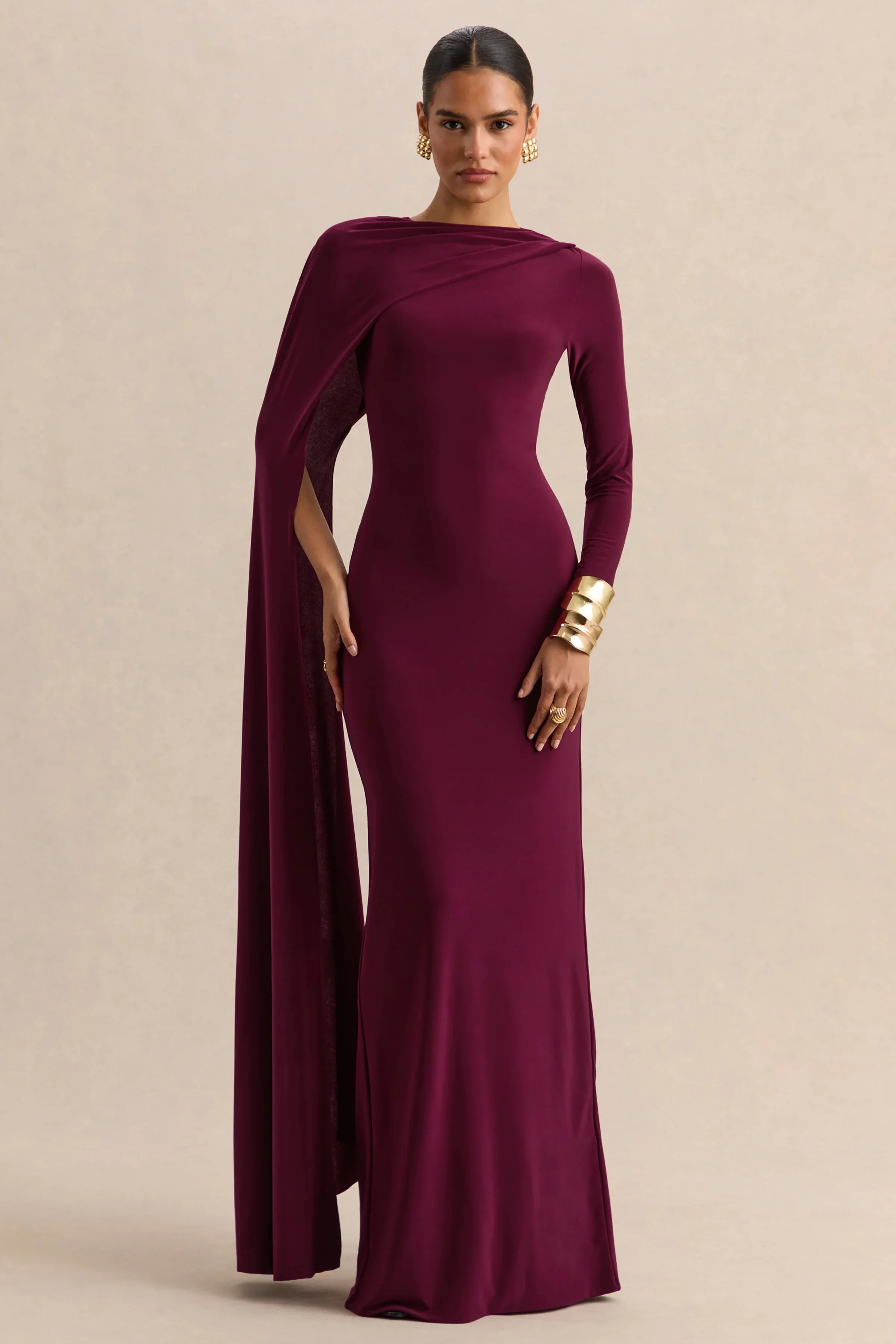 Halina Burgundy High Neck Maxi Dress With Cape Sleeve