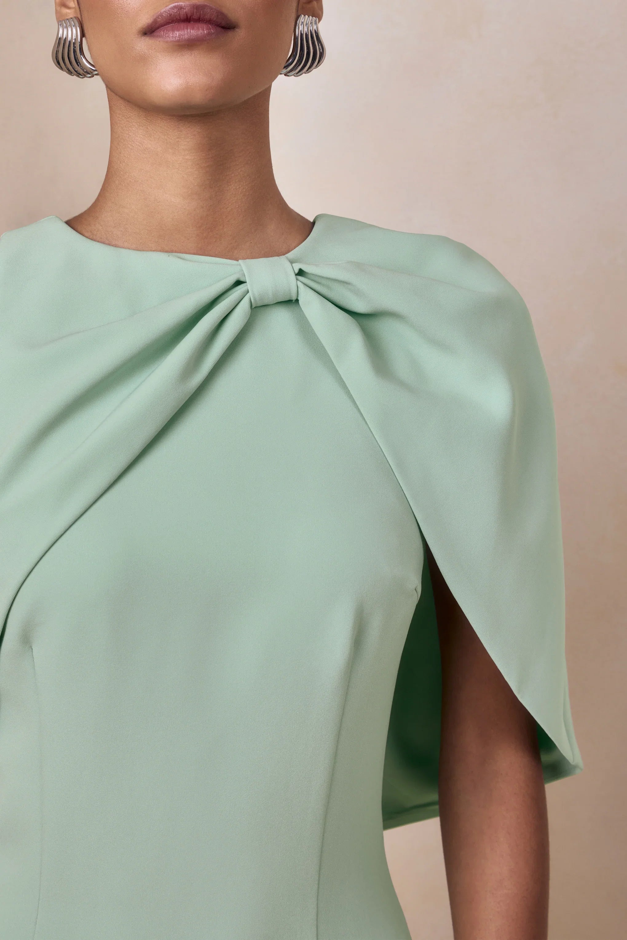 Quira Mint Asymmetric Neck Maxi Dress With Cape Sleeve