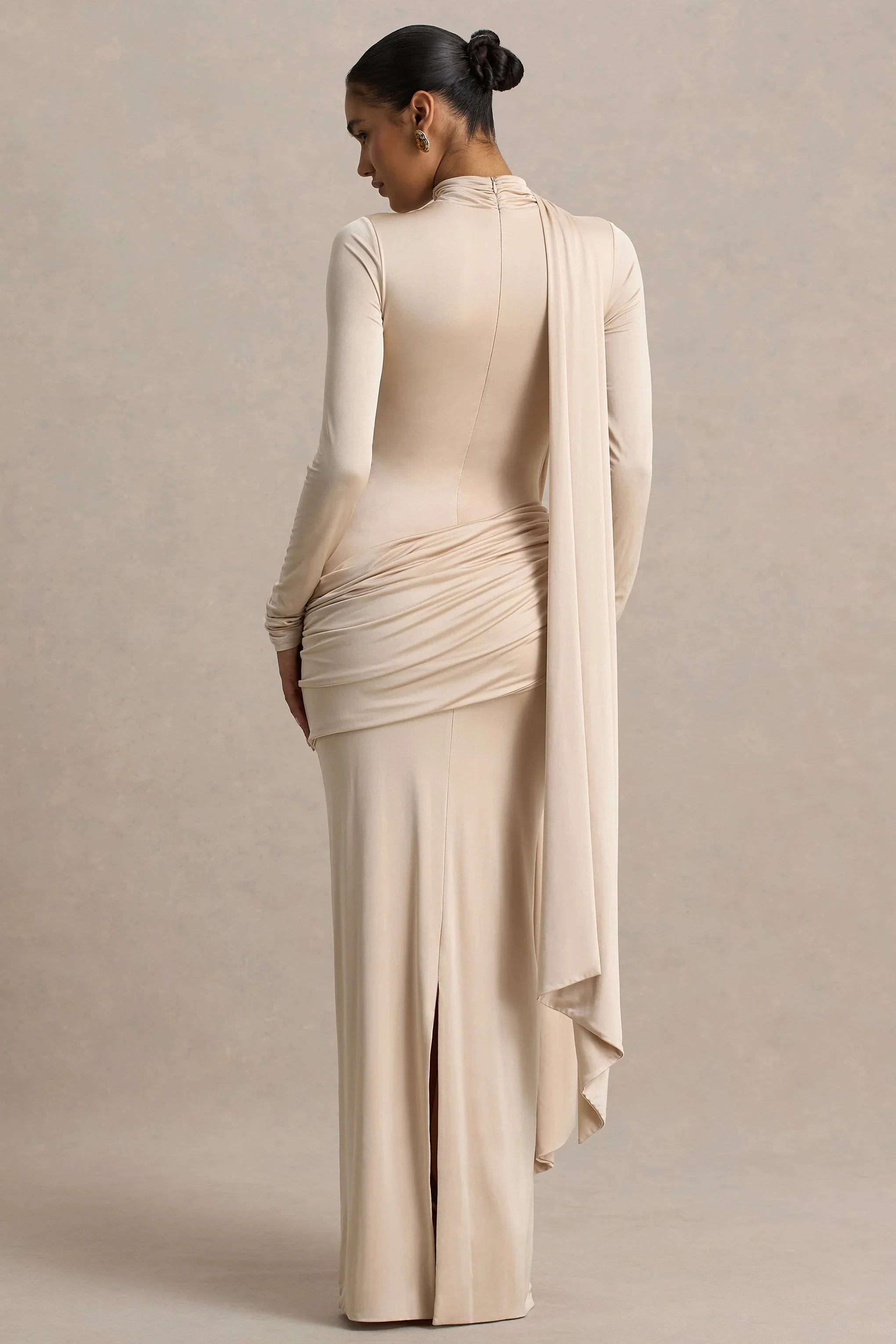 Romi Champagne High Neck Maxi Dress With Ruched Detailing