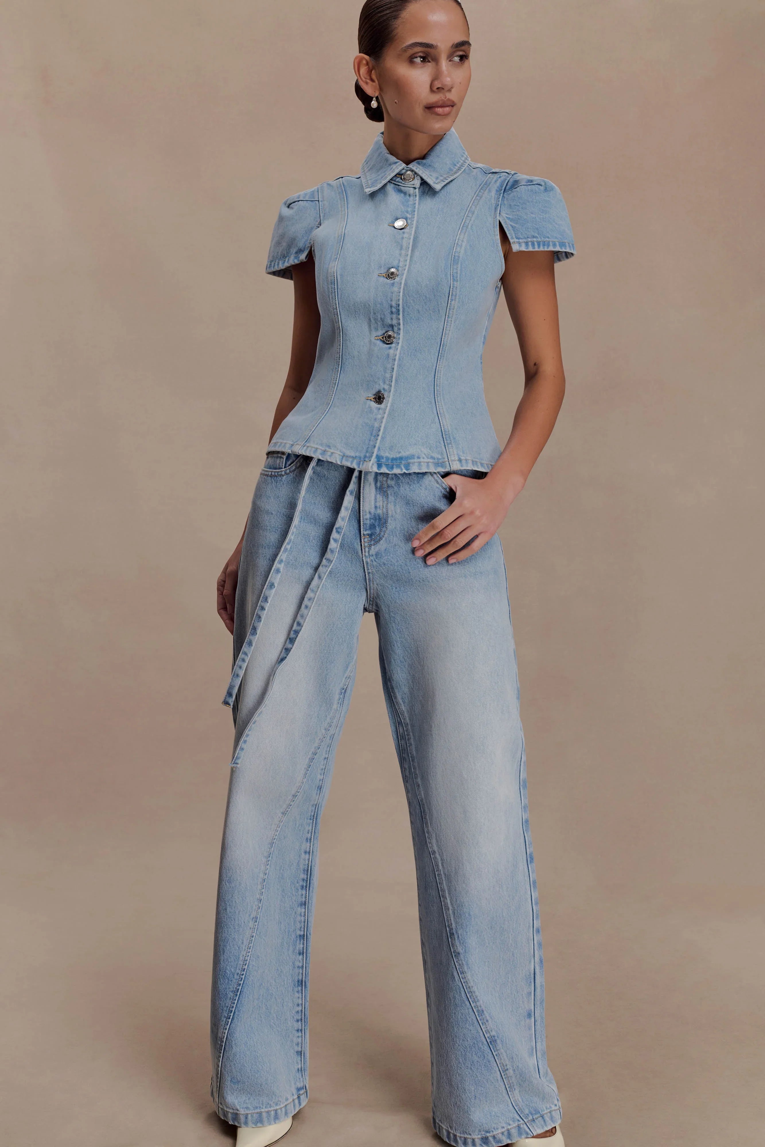 Perrie Mid Rise Straight Leg Tie Jeans Washed Light Blue