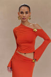 Ainsley Asymmetrical Long Sleeve Top With Floral Hardware Burnt Orange