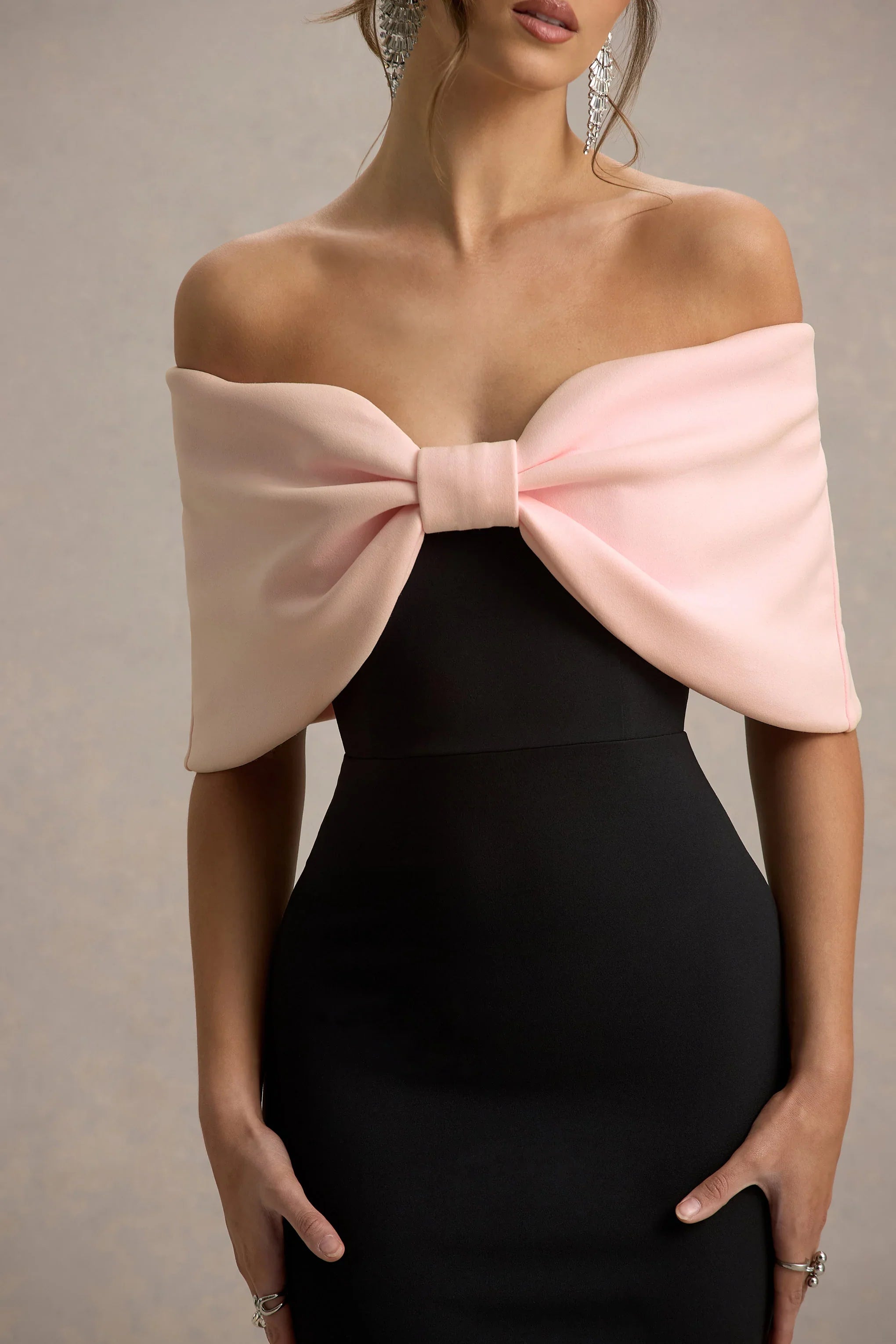 Cornelia Pink Black Strapless Maxi Dress With Oversized Bow