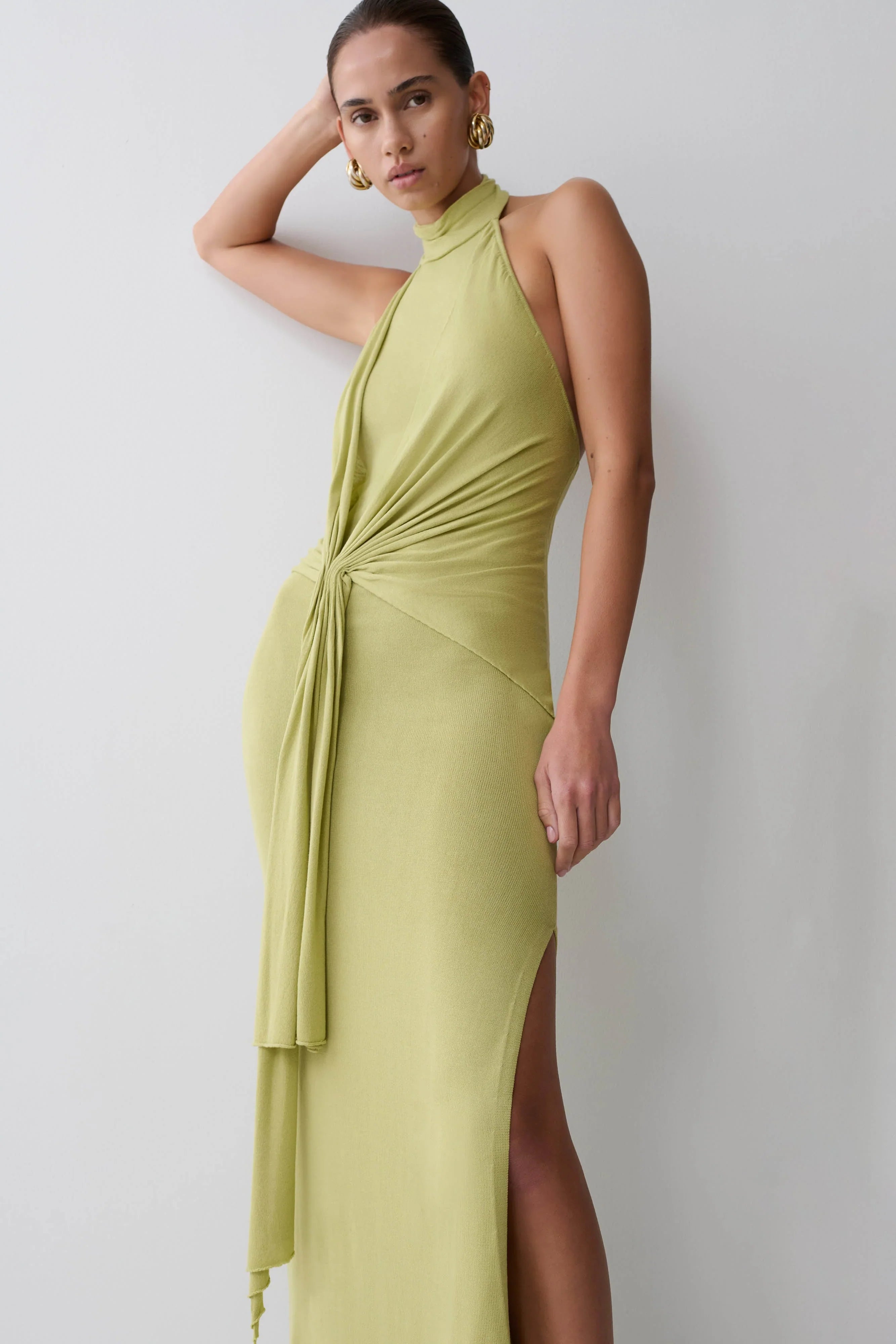 Cindylou Halter Knit Maxi Dress Light Olive