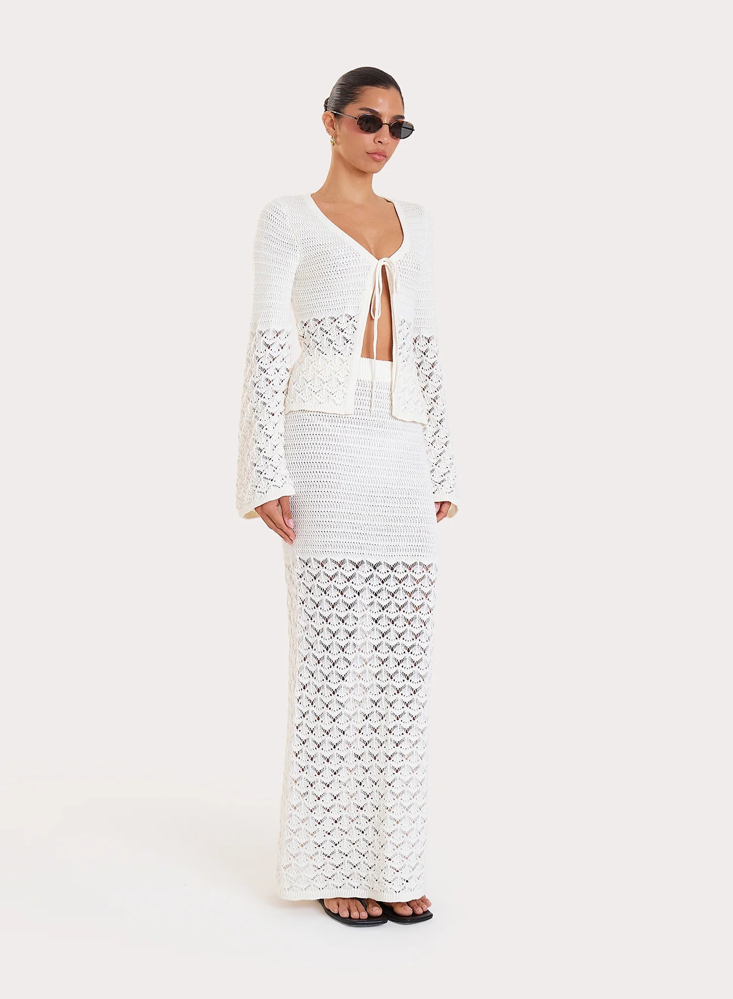 Cream Crochet Tie Front Longsleeve Top
