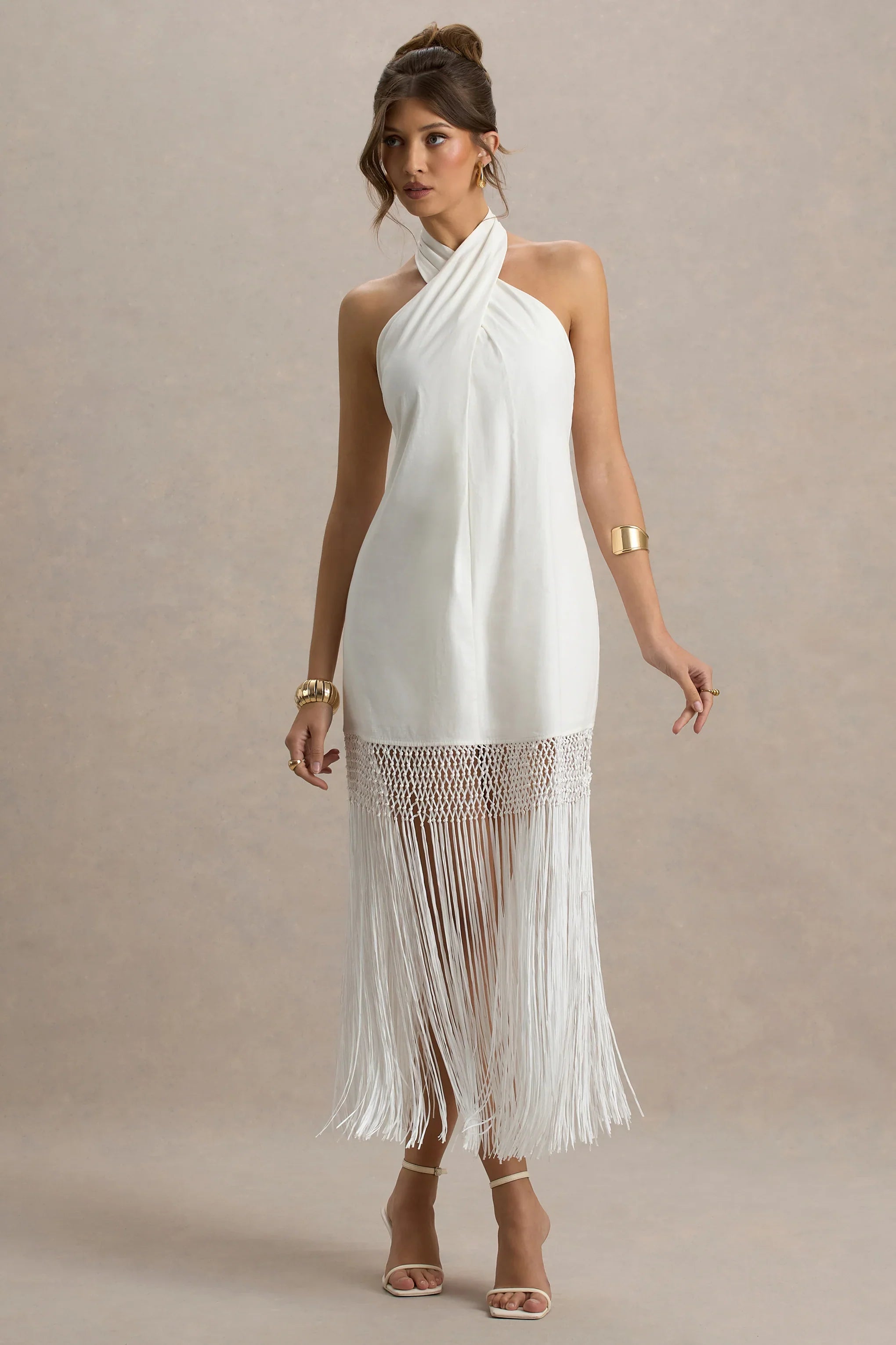 Fiametta Ecru Linen Halter Neck Fringe Maxi Dress