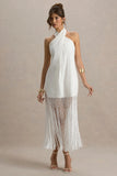Fiametta Ecru Linen Halter Neck Fringe Maxi Dress