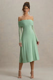 Flatter Me Light Green Bardot Midi Dress With Mesh Sleeves