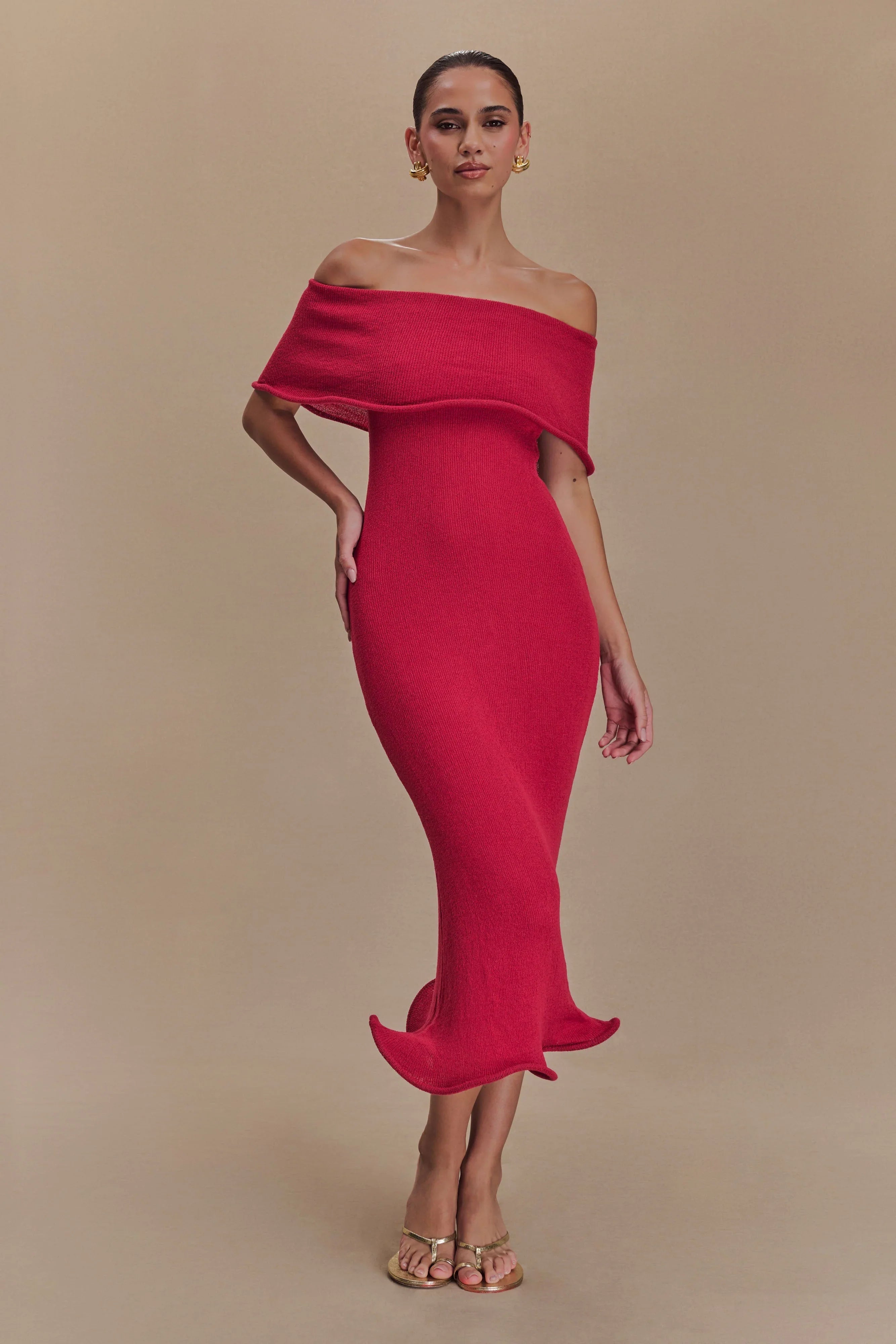 Molly Off Shoulder Knit Midi Dress Raspberry
