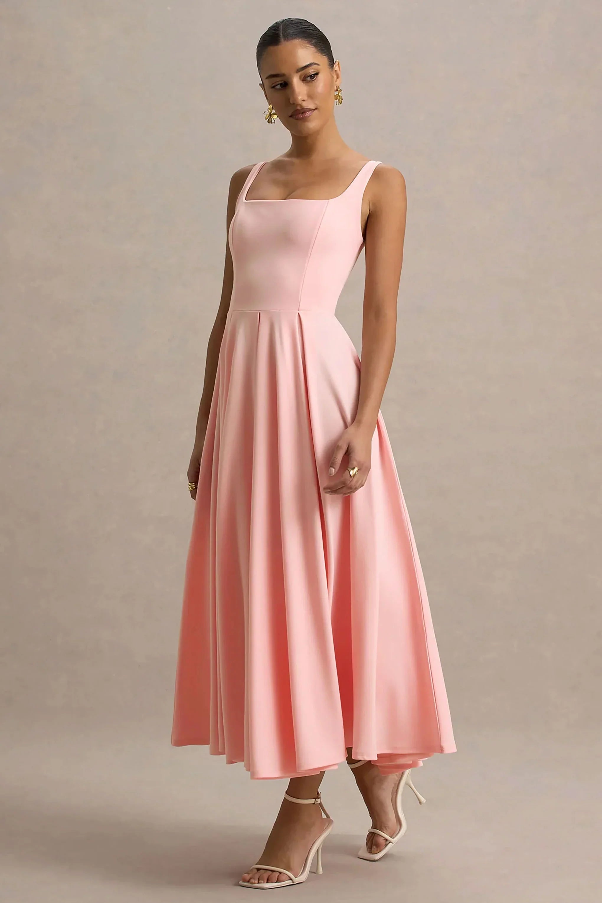Parina Pink Strappy Volume Hem Midi Dress