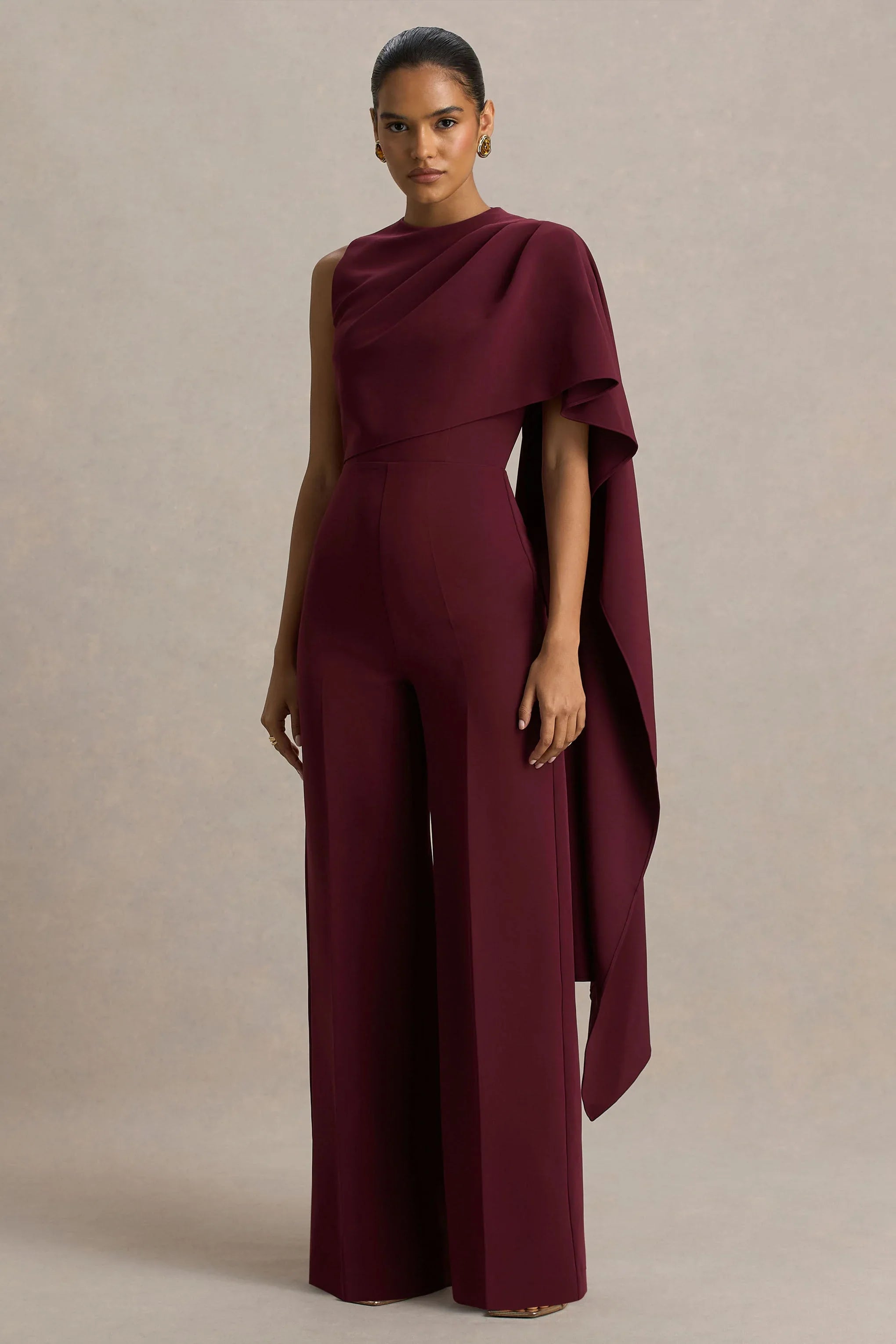 Sorenia Burgundy High Neck Jumpsuit With One Cape Sleeve