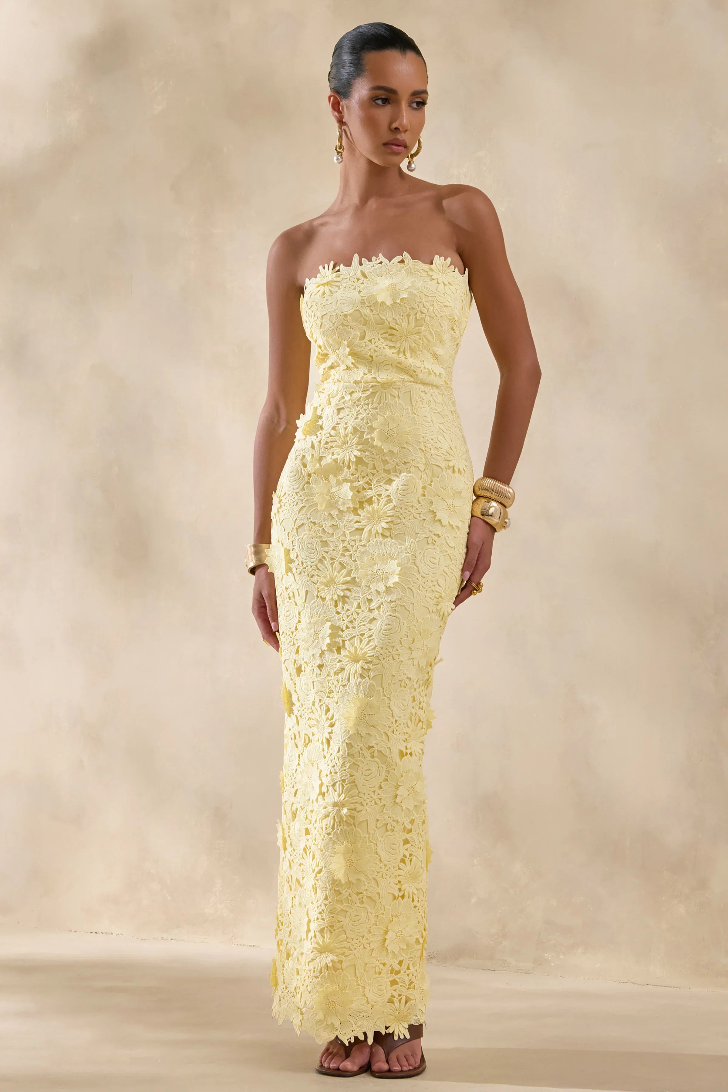 Gracie Lemon Lace Bandeau Maxi Dress