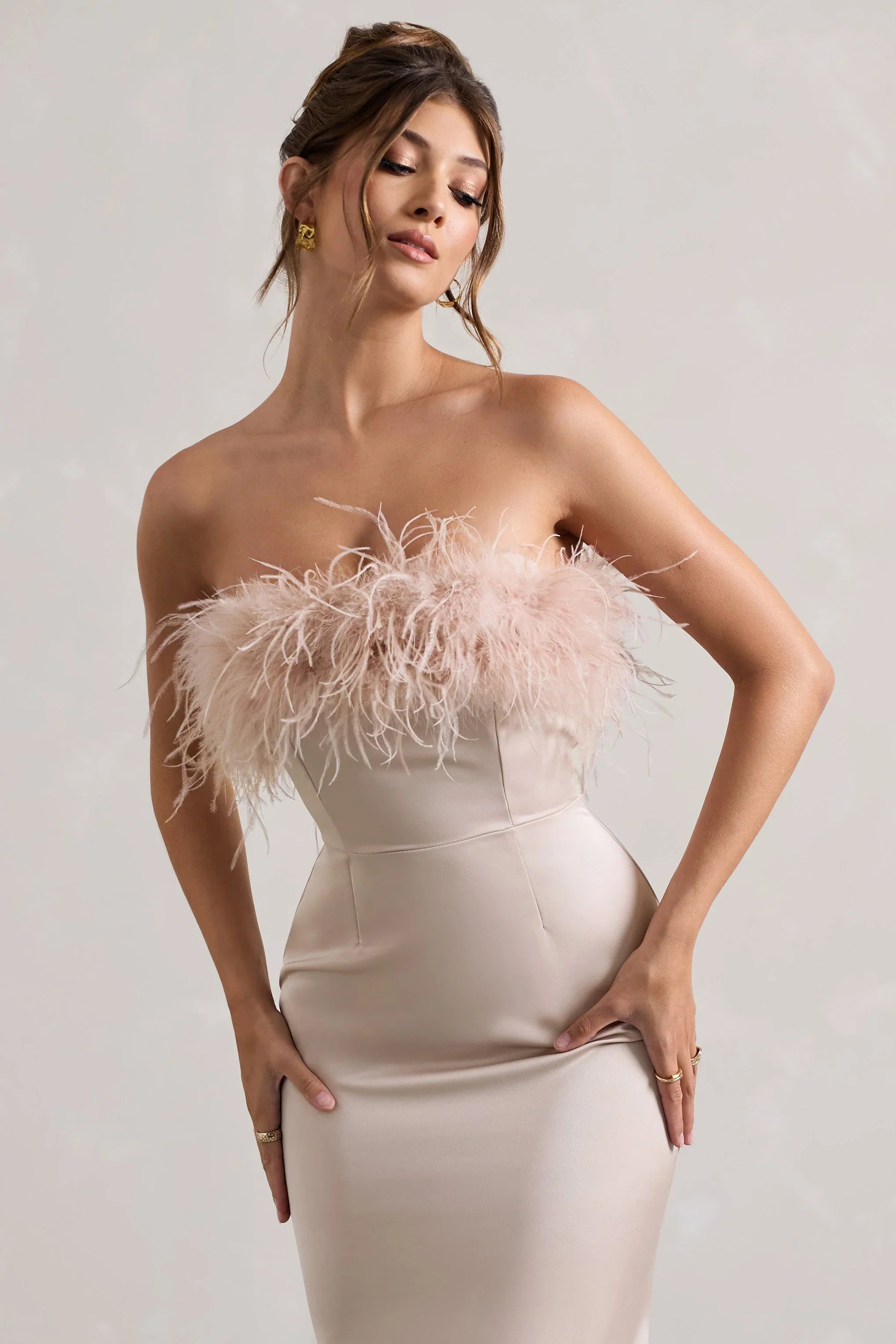 Dress For It Champagne Satin Feather Trim Bandeau Maxi Dress