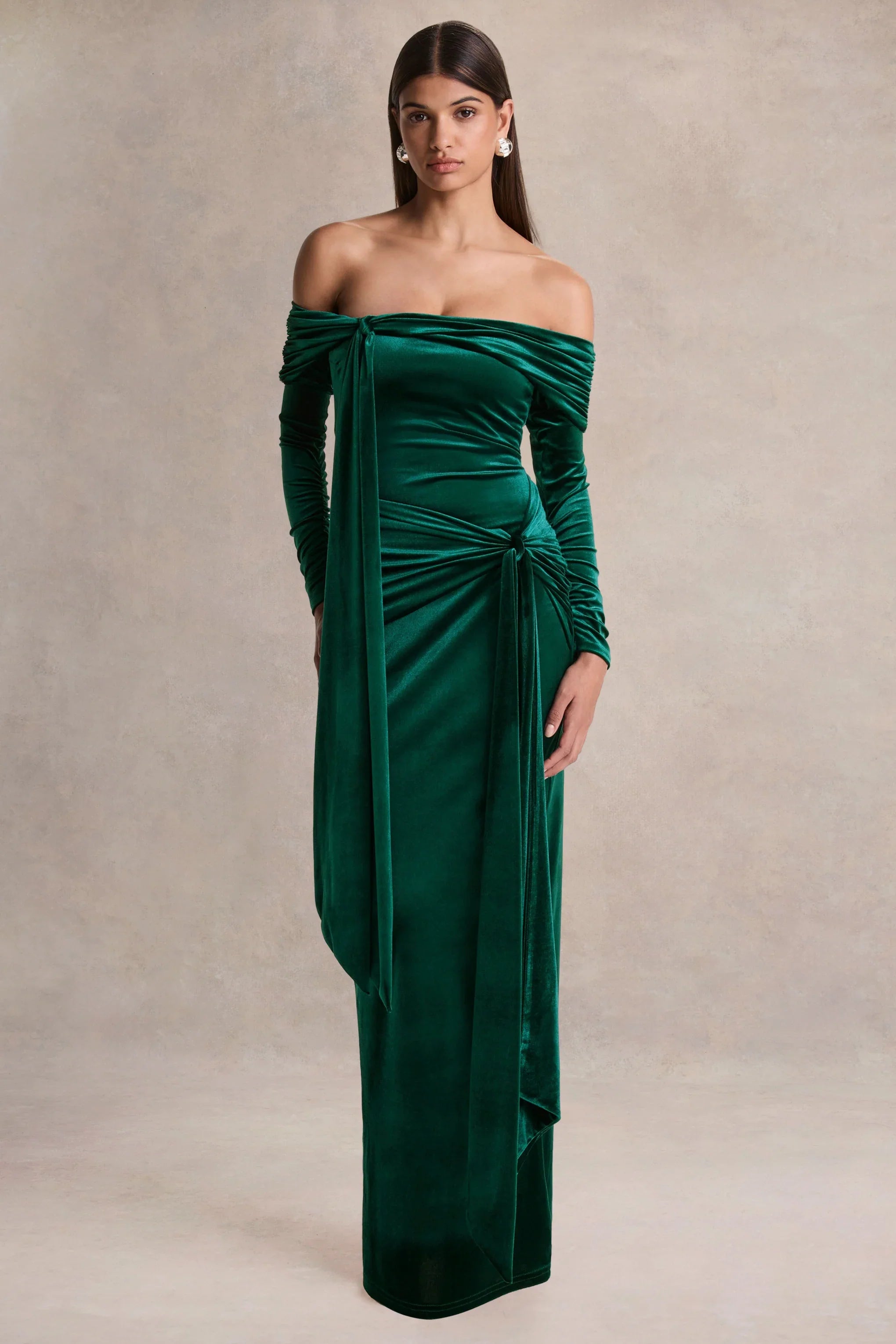 Jessara Bottle Green Bardot Neck Maxi Dress With Knot Details