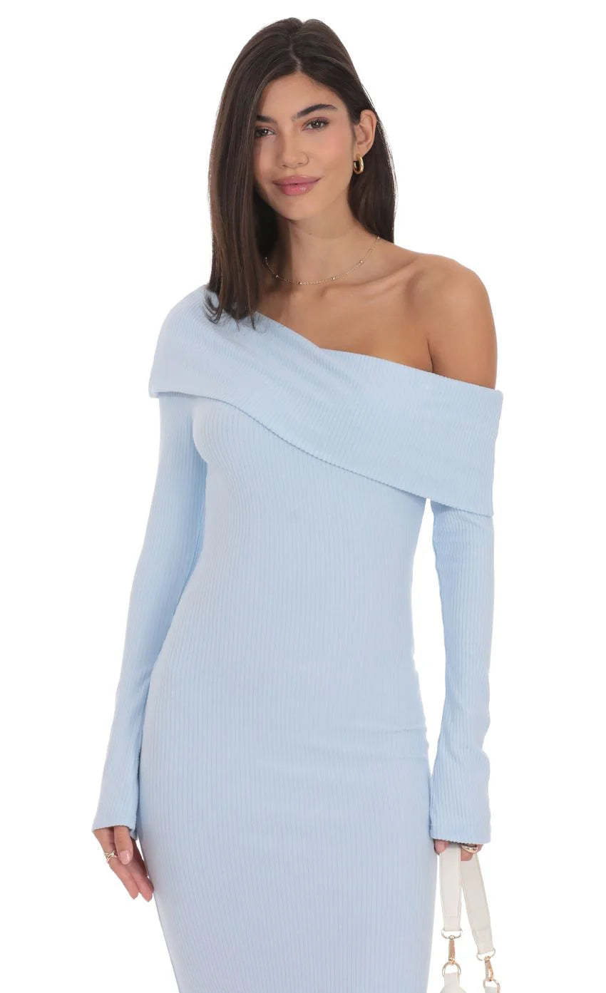 Ribbed Off Shoulder Maxi Dress in Light Blue