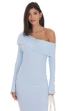 Ribbed Off Shoulder Maxi Dress in Light Blue