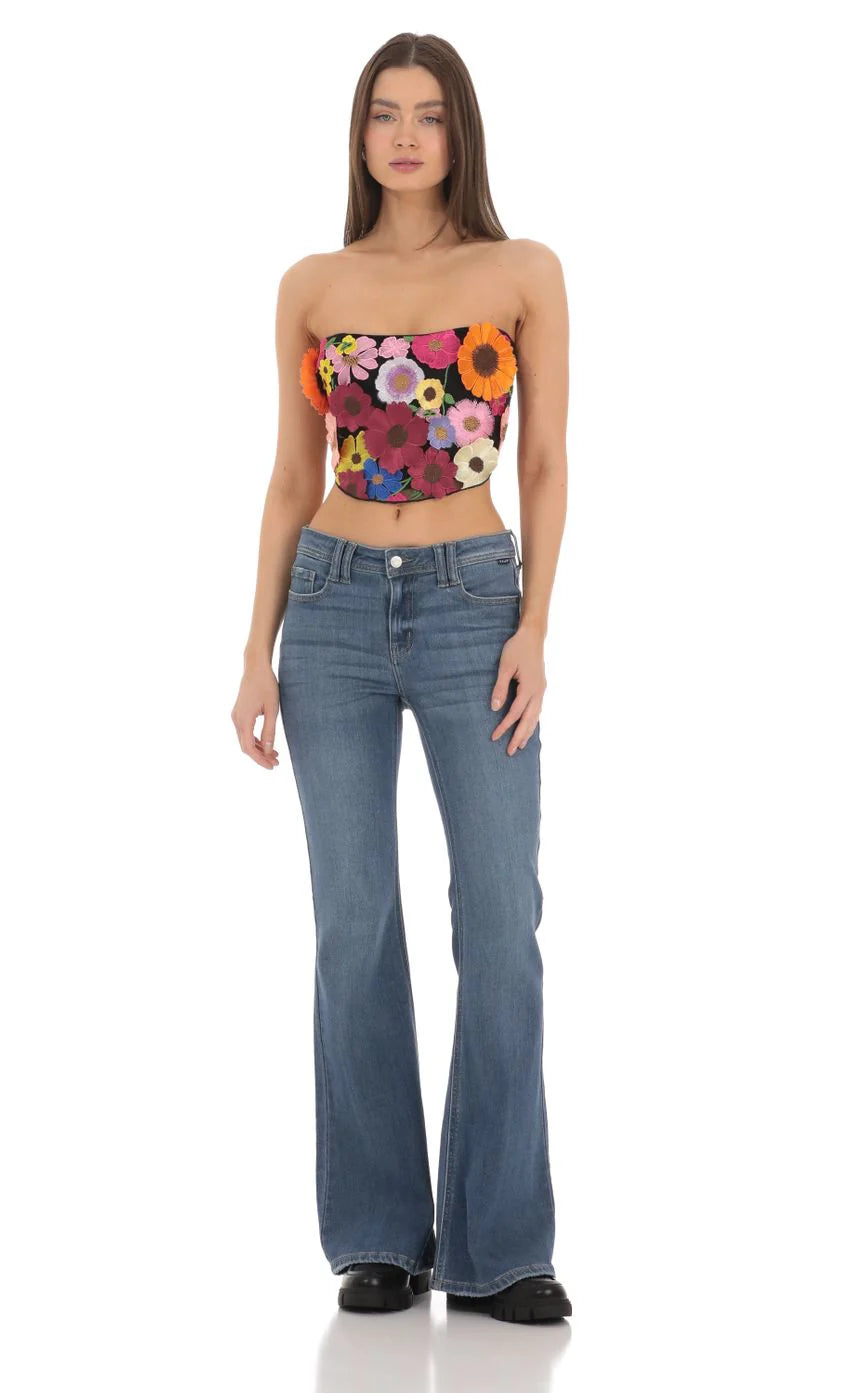 3 D Flower Strapless Top in Black