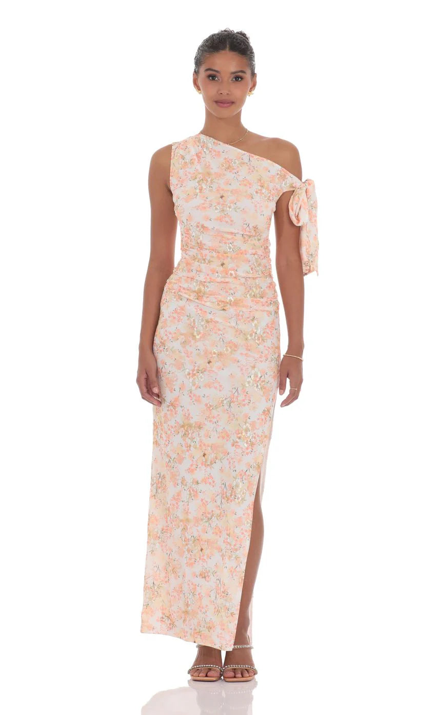 Floral Shimmer Off Shoulder Maxi Dress in Peach