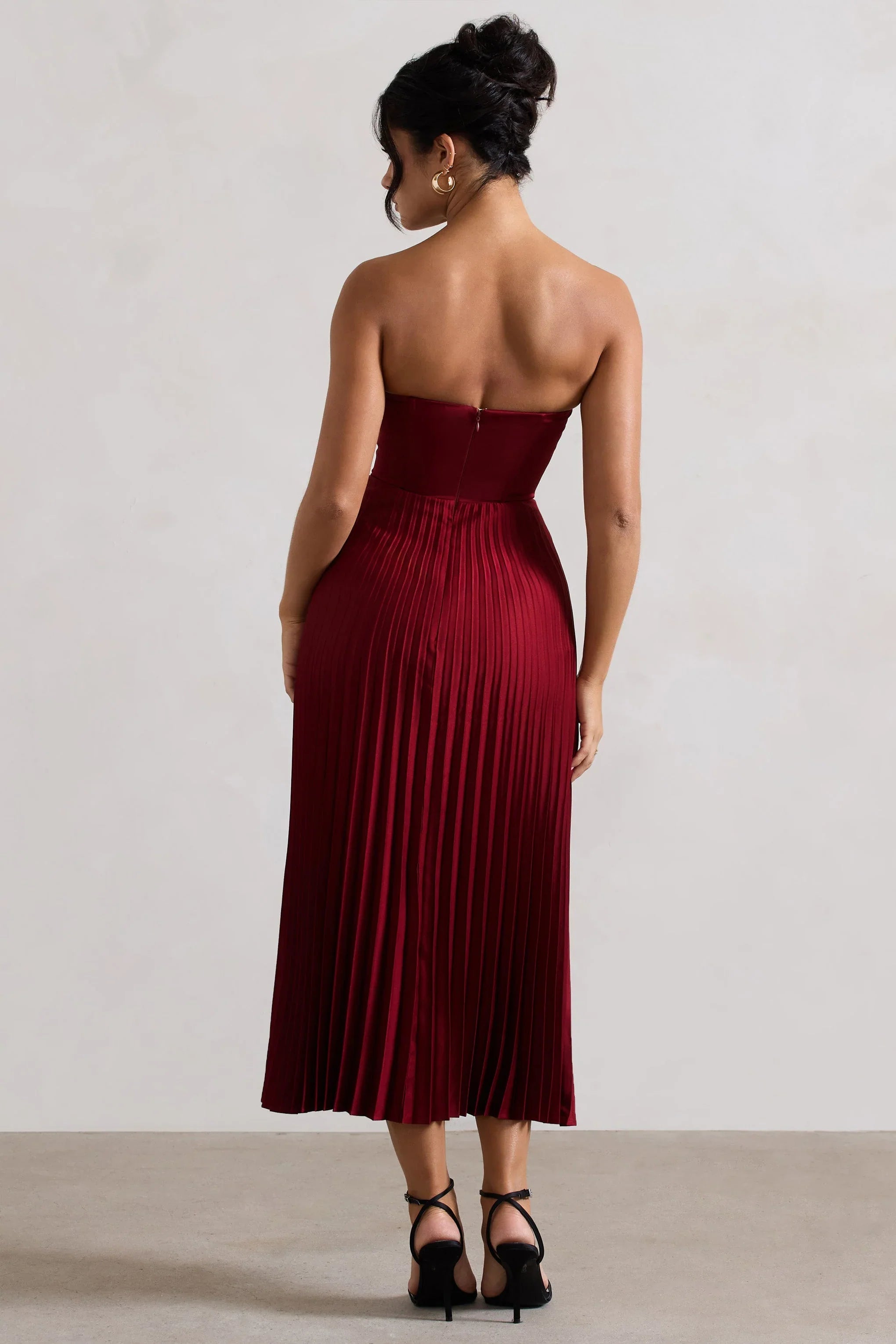Bordeaux Berry Satin Corset Style Midi Dress