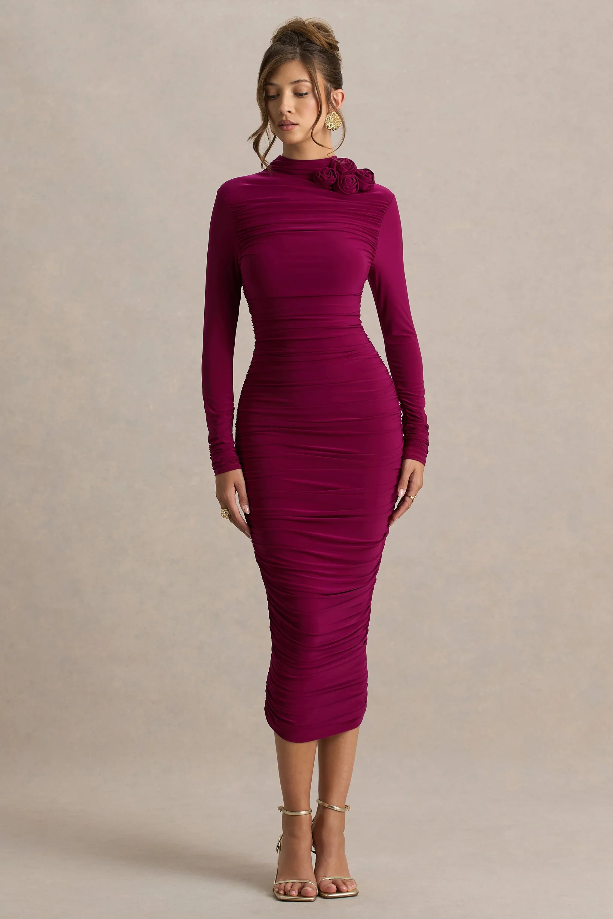 Tamara Burgundy Long Sleeve Ruched Midi Dress