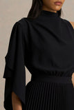 Jimena Black High Neck Midi Dress With One Long Sleeve And Pleated Detailing