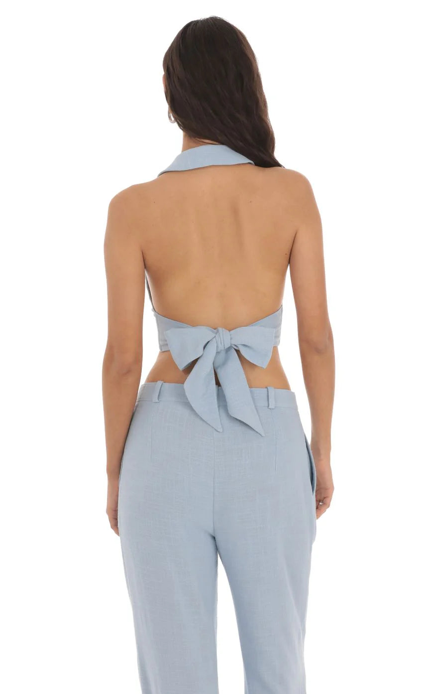 Linen Collared Vest Top in Blue