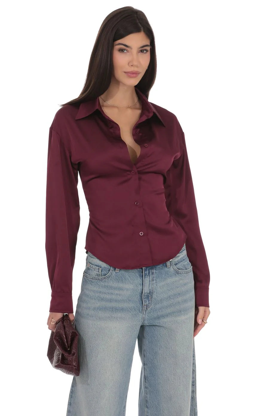 Satin Button Up Shirt in Burgundy