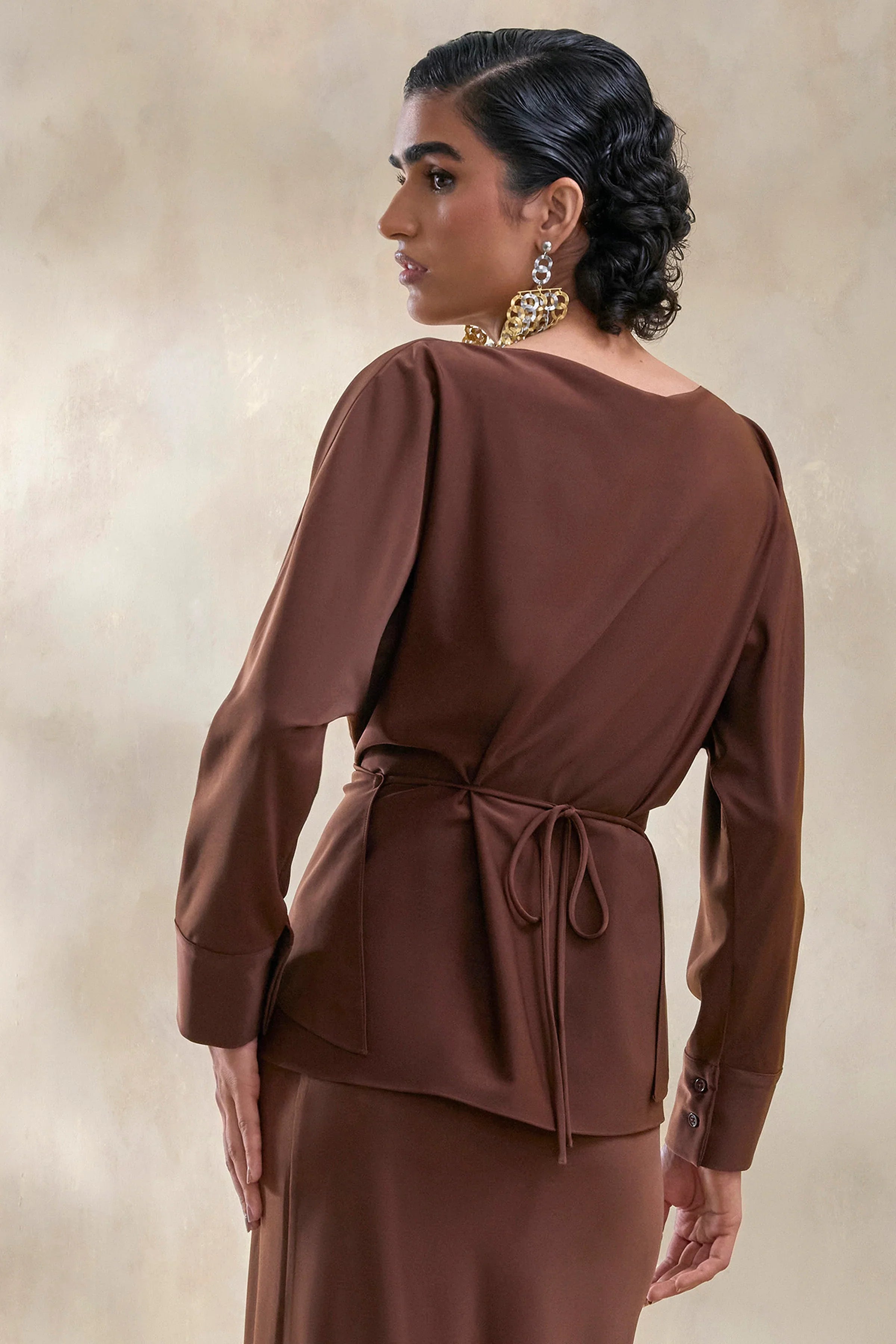 Miravia Brown Satin Wide Neck Long Sleeve Top