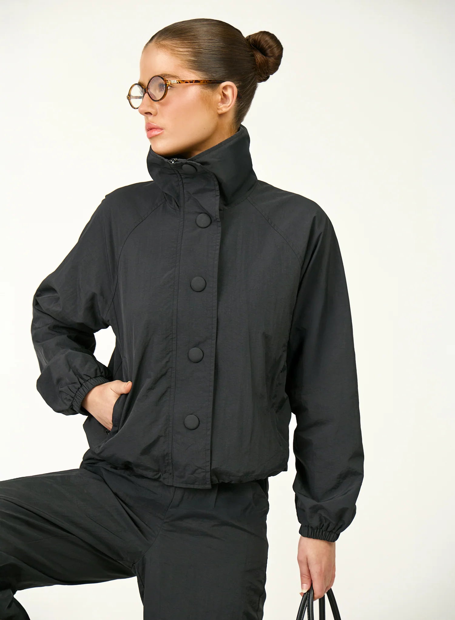 Black Funnel Neck Windbreaker Jacket