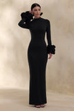 Jaselle Black High Neck Maxi Dress With Ruffled Satin Cuffs