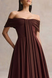Dearest Brown Bardot Neck Midi Dress