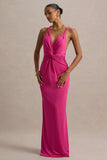 Santez Hot Pink Twisted Plunge Neck Maxi Dress