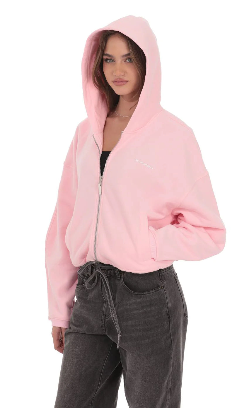 Cropped Fleece Zip Up Hoodie in Pink
