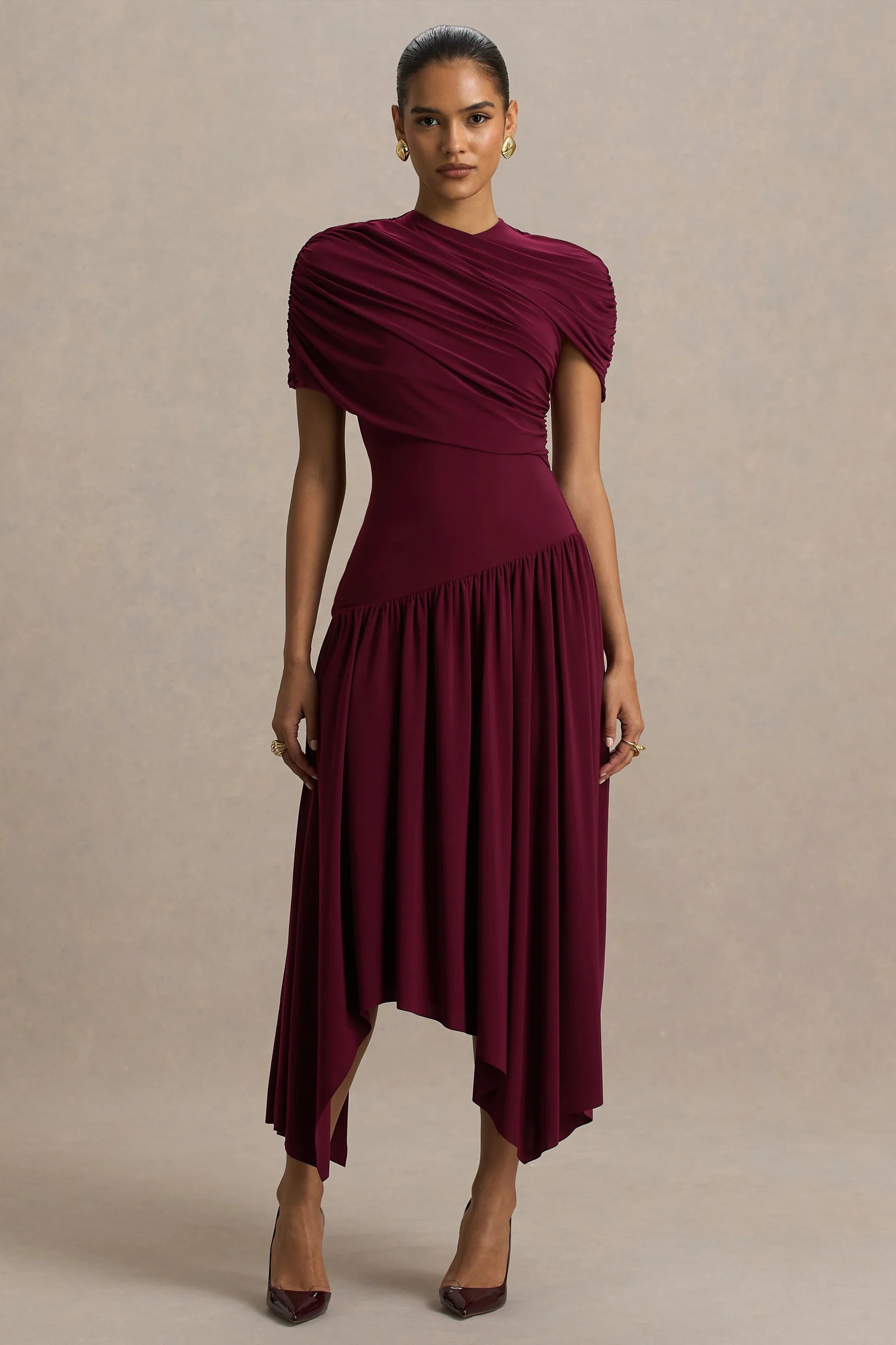 Ione Burgundy Wrapped Midi Dress With Hanky Hem