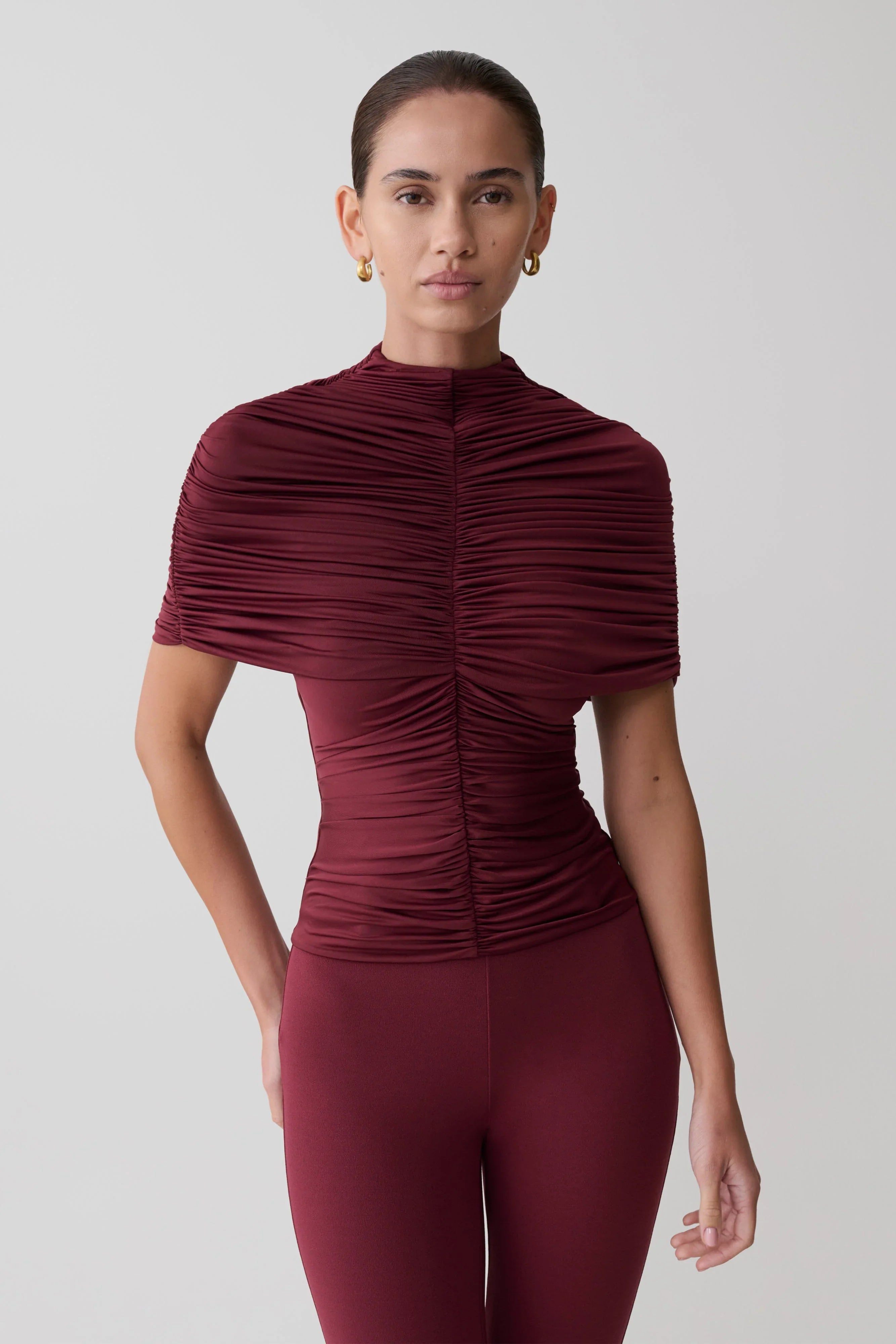 Linh Slinky High Neck Gathered Top Mahogany