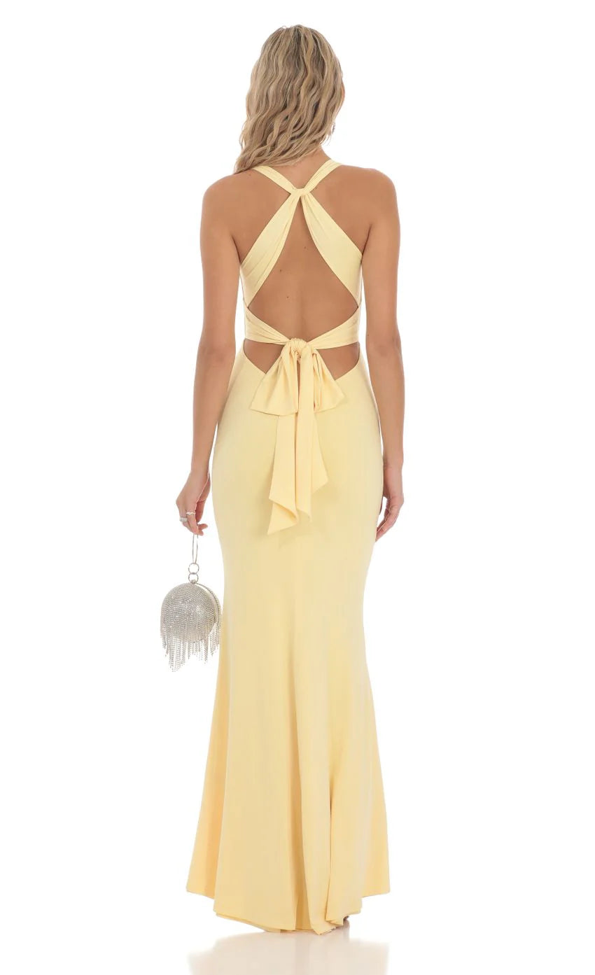 Front Twist V Neck Maxi Dress in Yellow