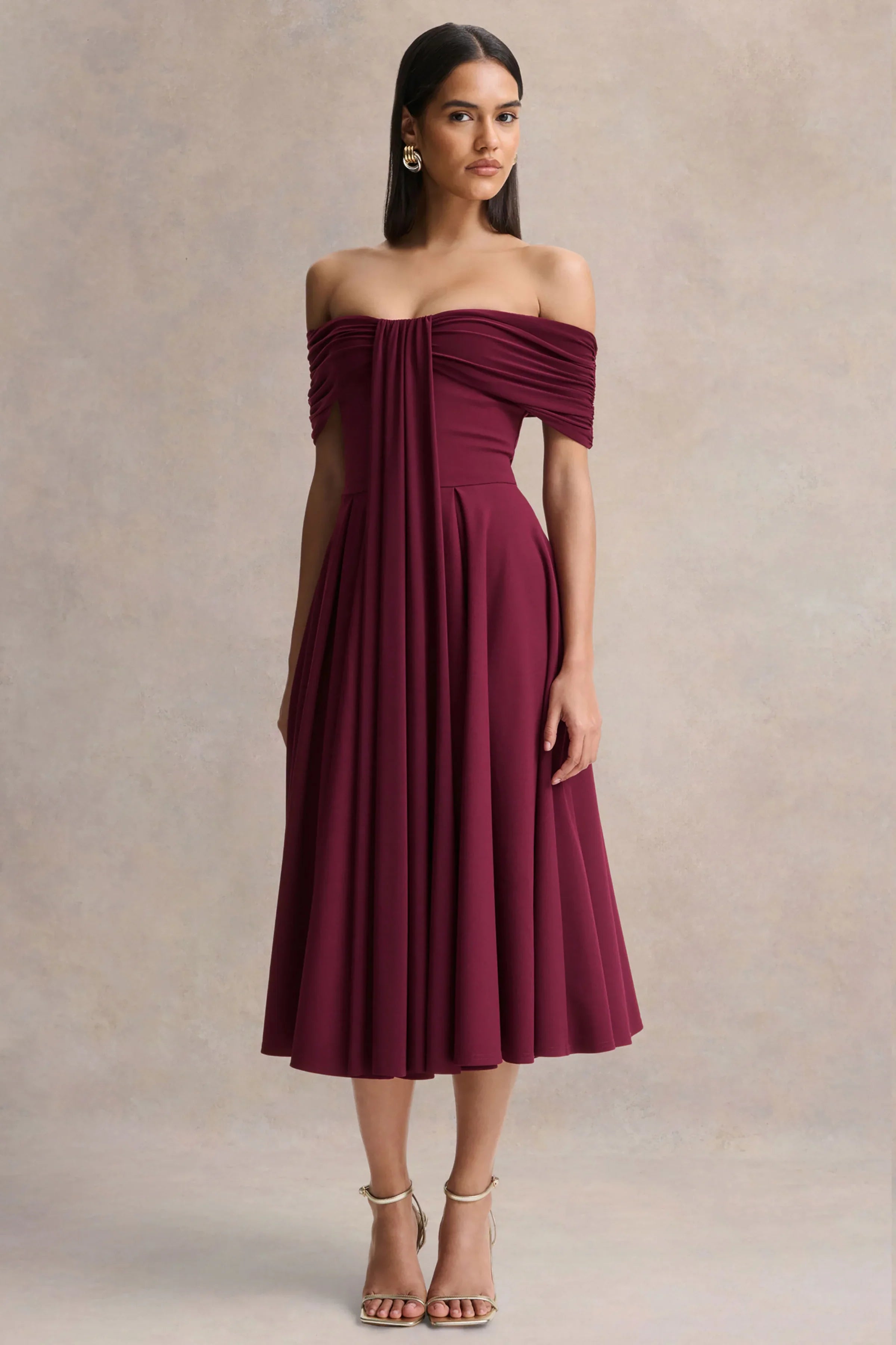 Dearest Burgundy Bardot Neck Midi Dress